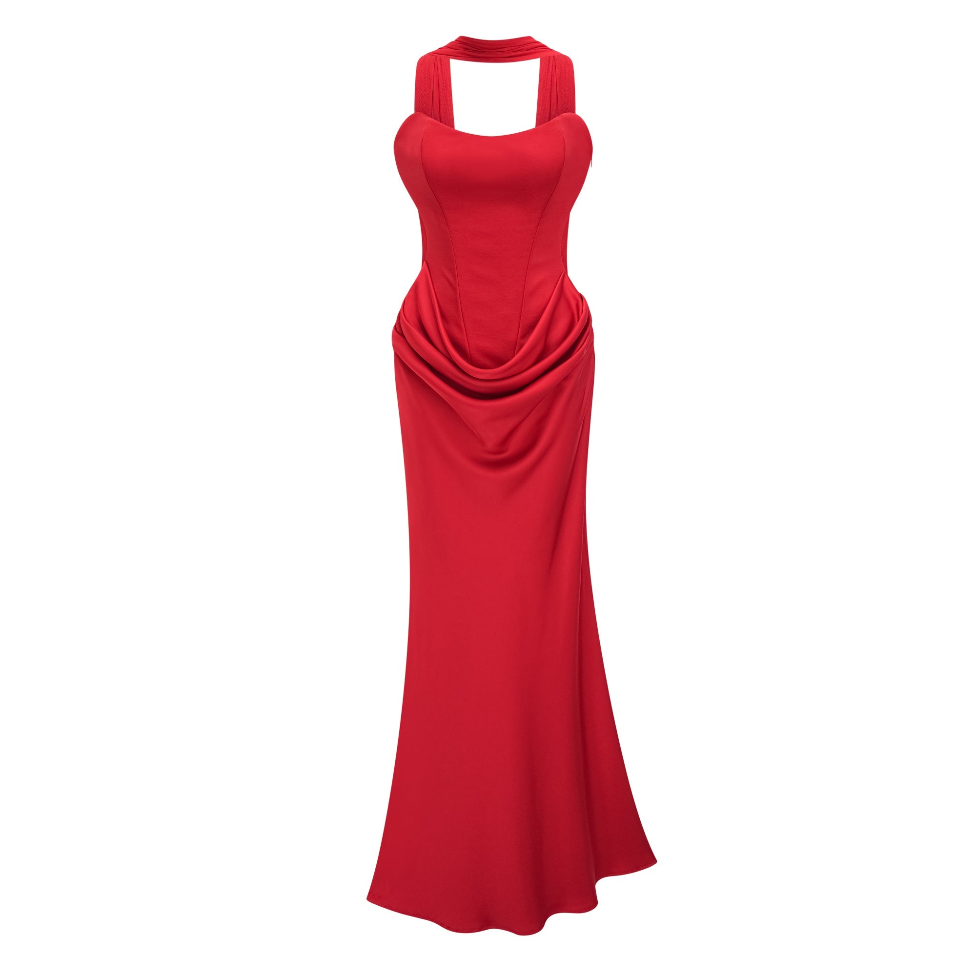 Vestido maxi rojo off-shoulder con escote fruncido y bufanda, diseño de MRTokyo, para un estilo elegante y contemporáneo.