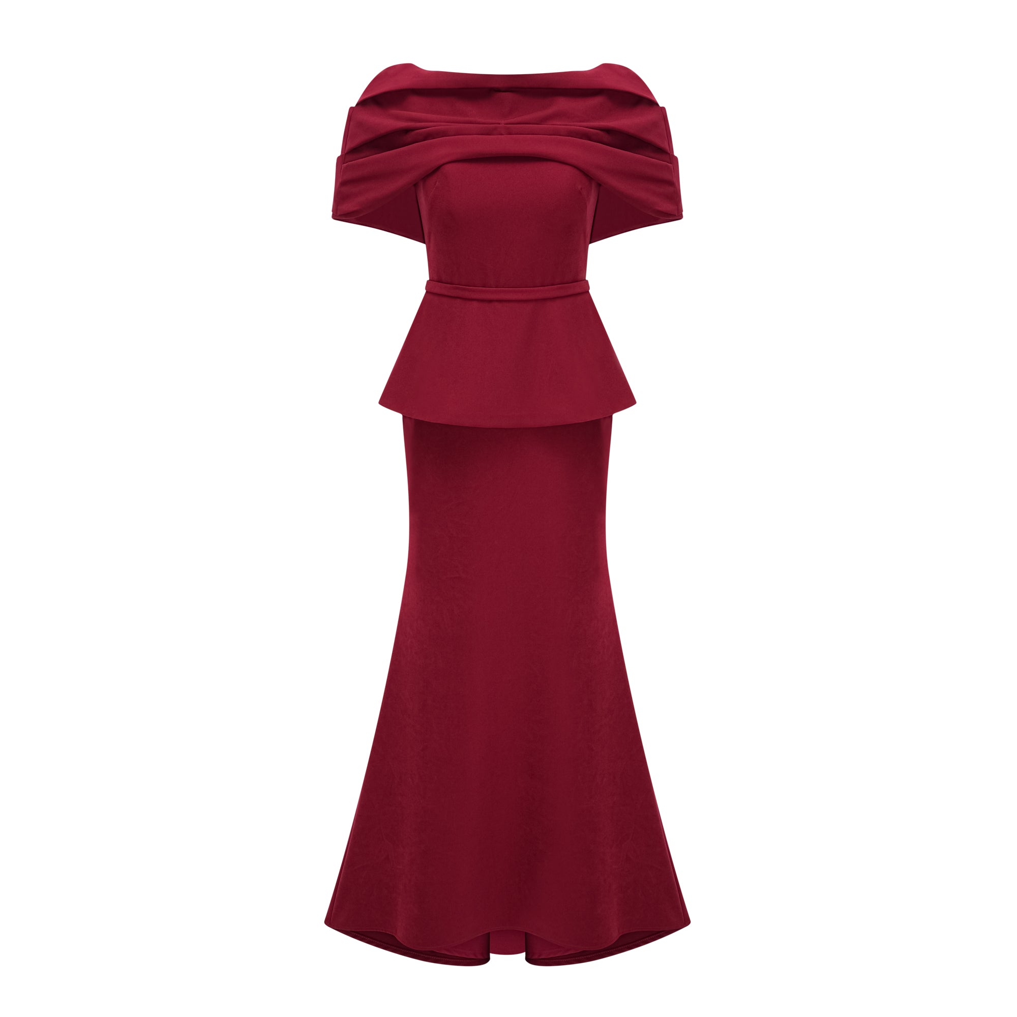 Vestido largo de novia color rojo con drapeado y detalles de chal, estilo maxi y elegante diseño de Bridal.