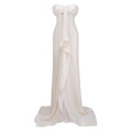 Vestido maxi strapless beige y ruffled de satín de la marca Final Sale, con diseño elegante y sin tirantes.