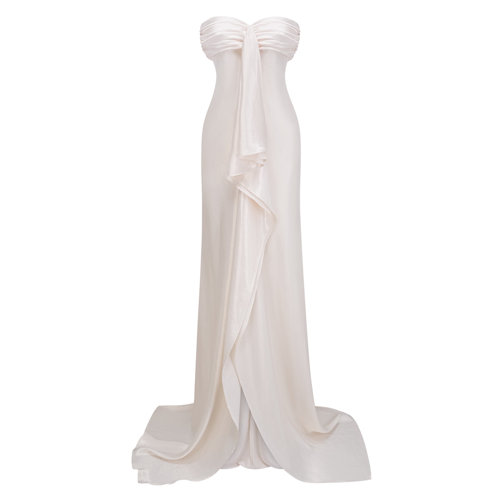 Vestido maxi strapless beige y ruffled de satín de la marca Final Sale, con diseño elegante y sin tirantes.