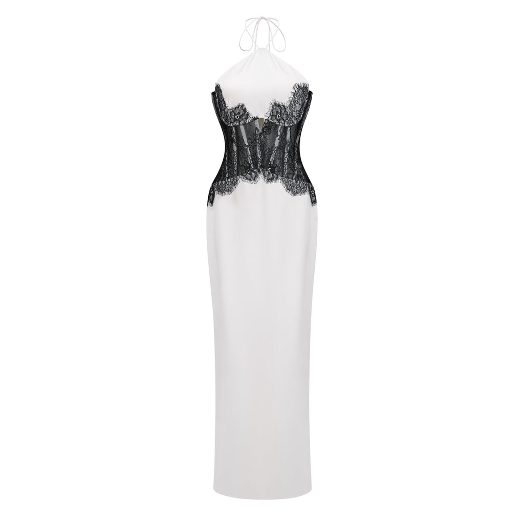 Vestido largo blanco Mirabeau Bridal con encaje y recortes, diseño maxi y elegante para bodas o ocasiones especiales