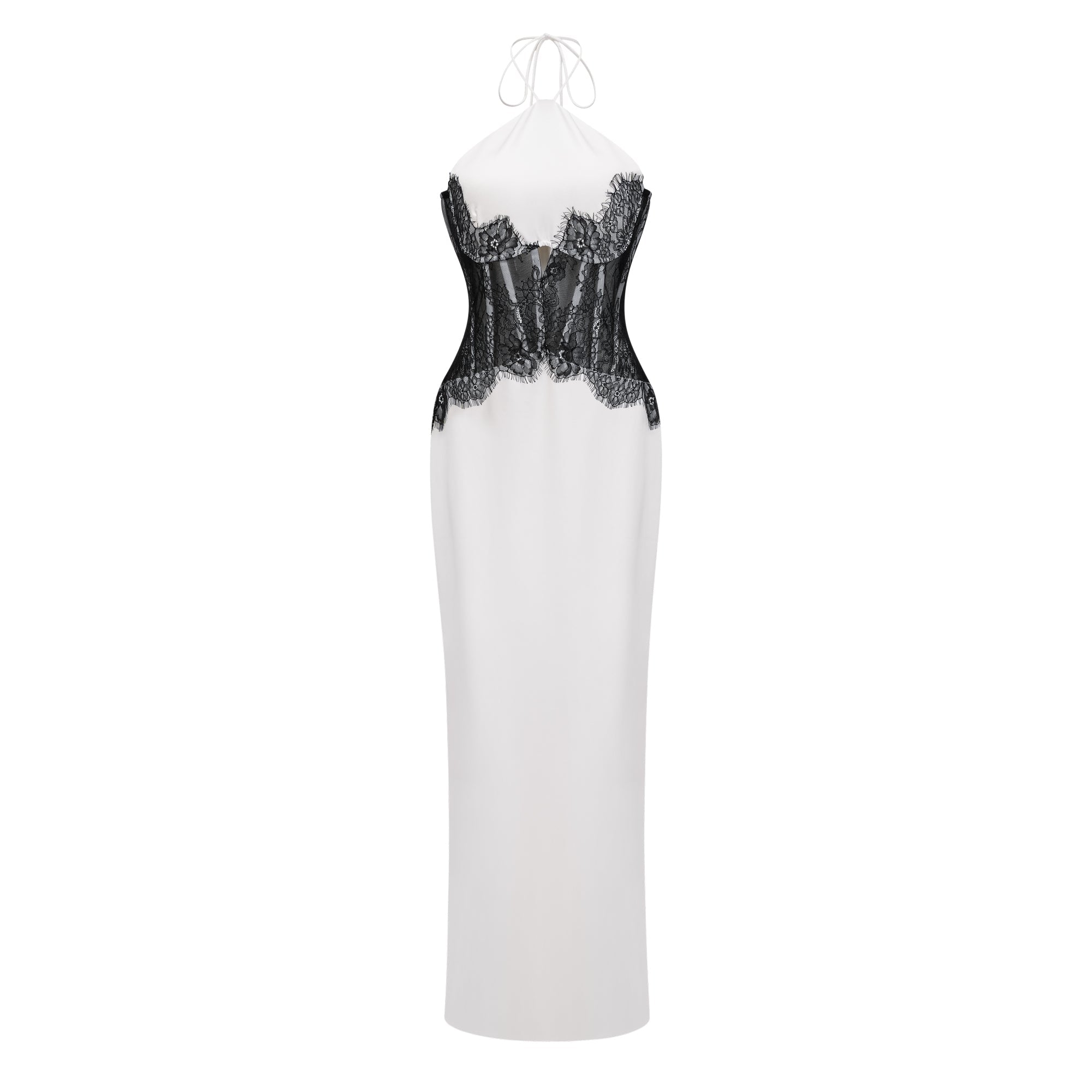 Vestido largo blanco Mirabeau Bridal con encaje y recortes, diseño maxi y elegante para bodas o ocasiones especiales