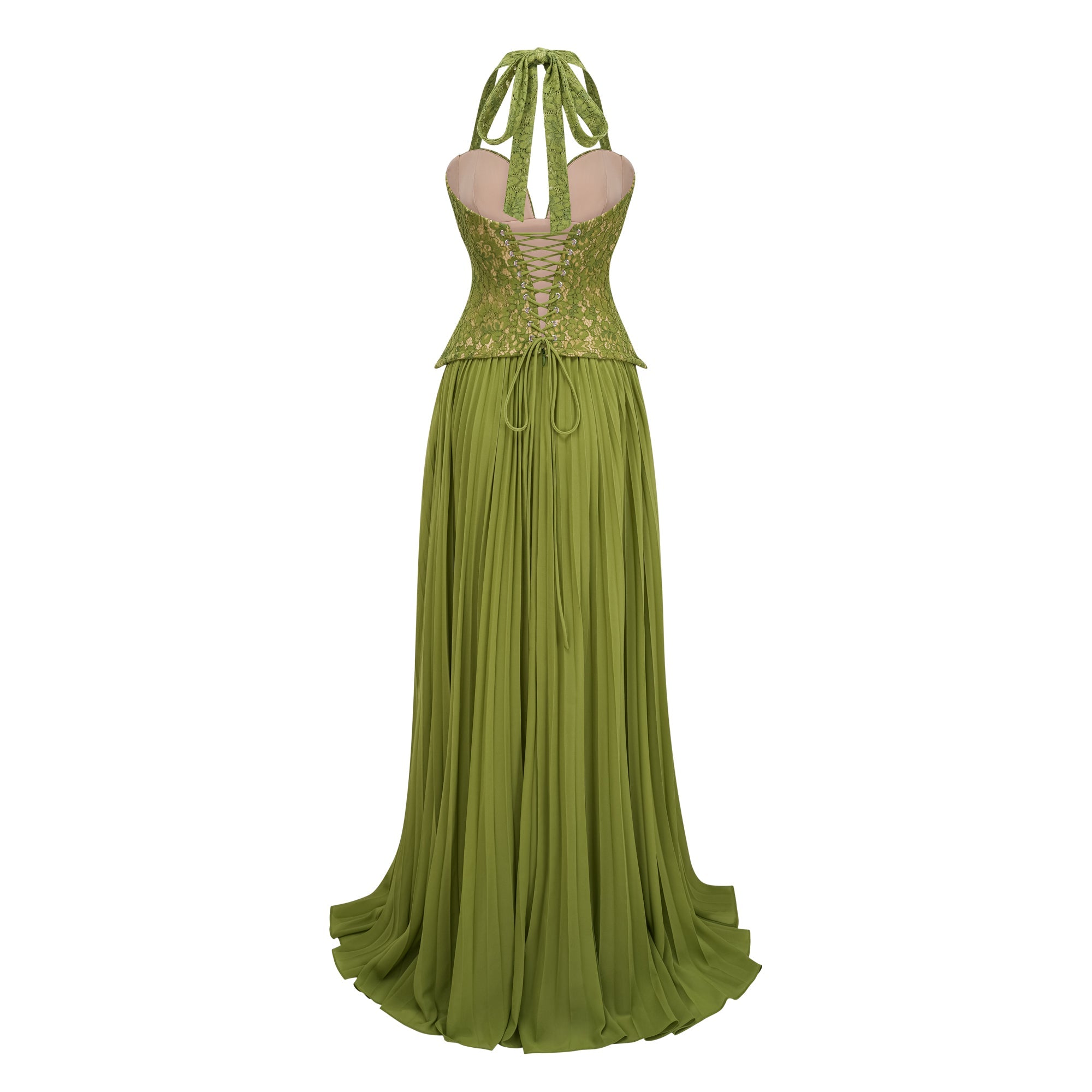 Vestido largo de novia Ronja Emerald con corsé de la marca MRNewyork, en color esmeralda con detalles elegantes.