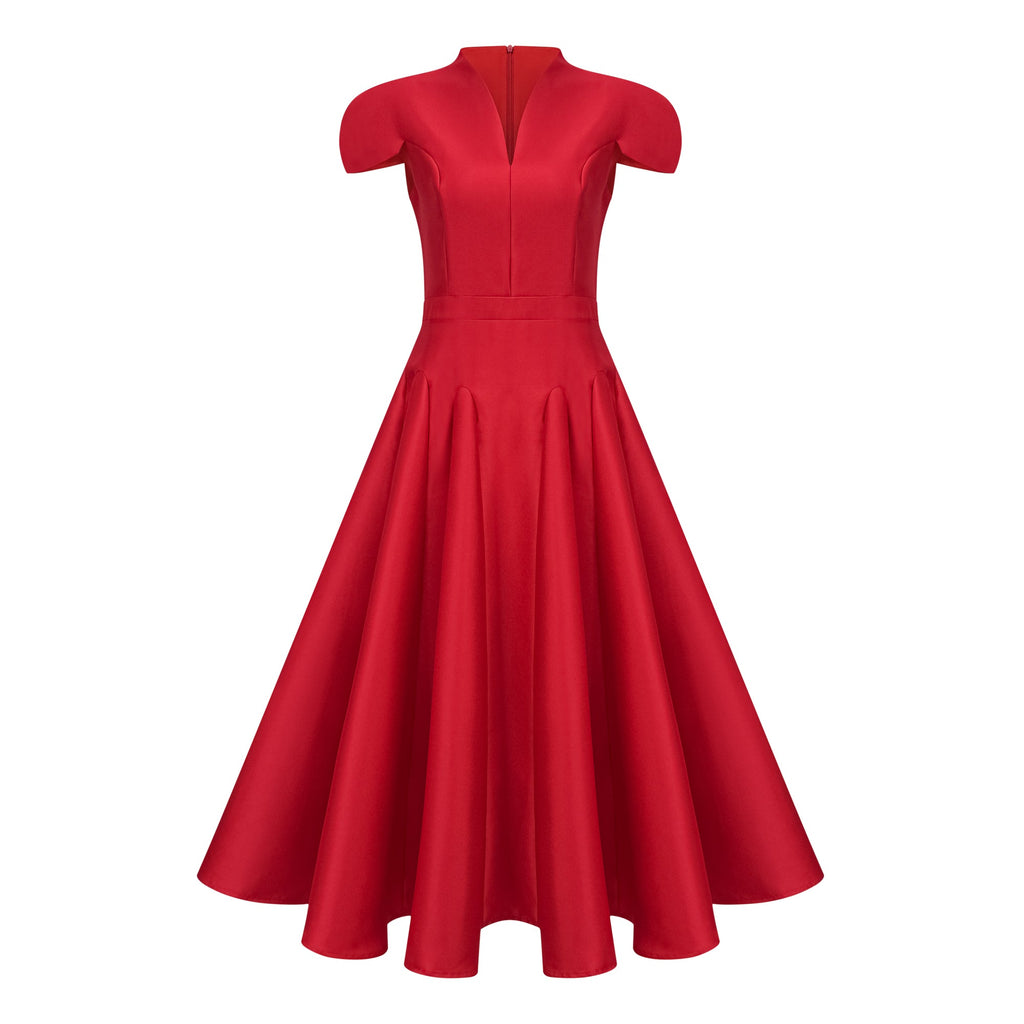 Vestido midi rojo de diseño godet Aventin, de la marca Final Sale, con estilo elegante y detalles llamativos.