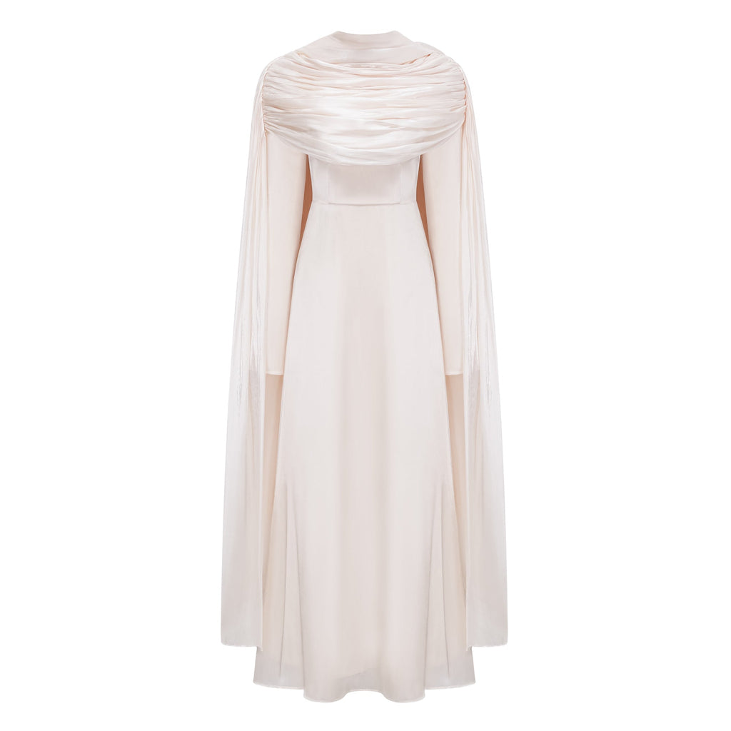 Hege Cream Glossy Ruched Cape Maxi Dress (Final Sale-US Only)