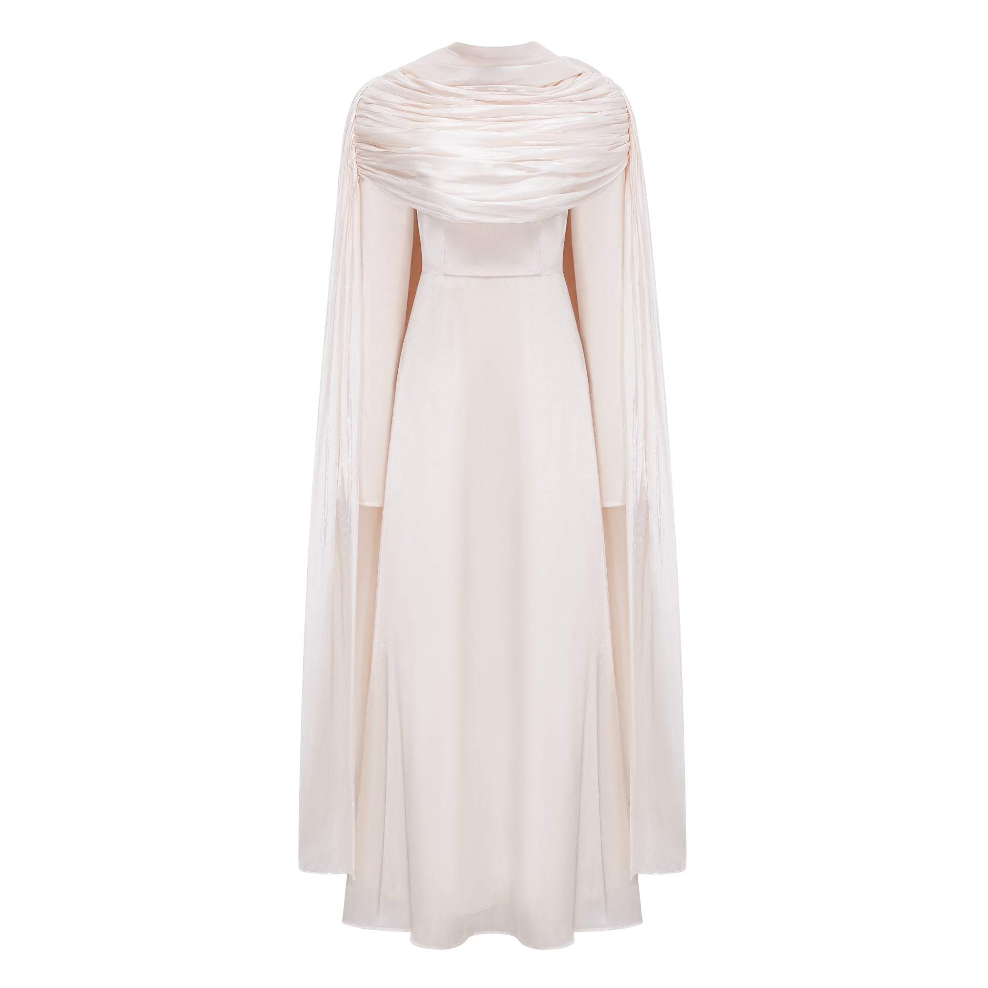 Hege Cream Glossy Ruched Cape Maxi Dress (Final Sale-US Only)