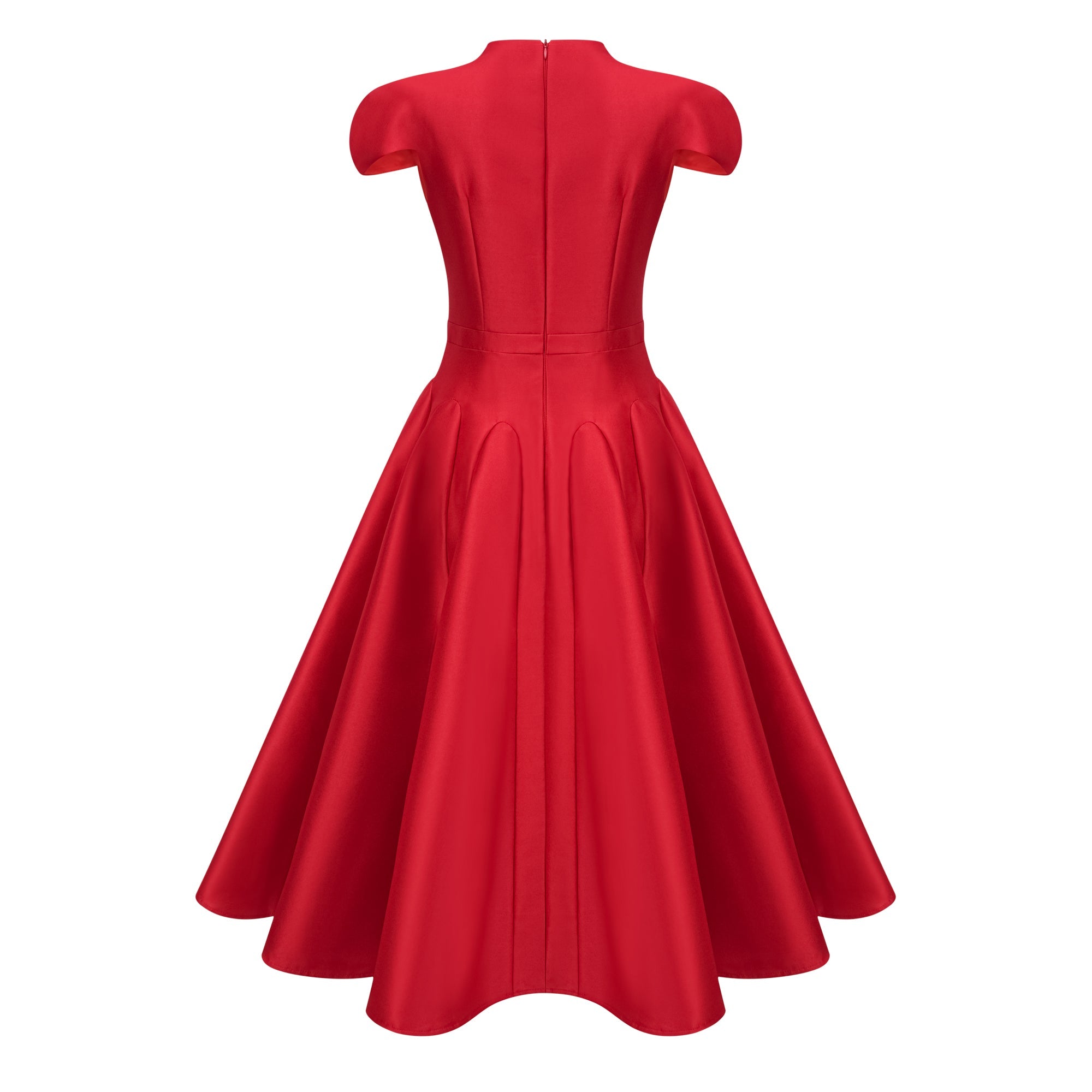 Vestido midi rojo Aventin con diseño de godet, de la marca Final Sale, mostrado en la imagen con detalles elegantes y estilo moderno.