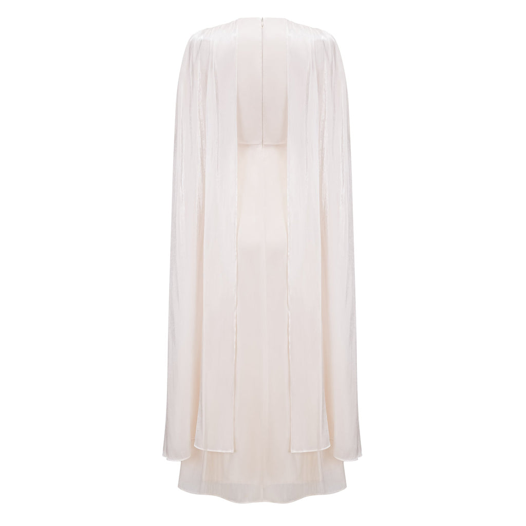 Hege Cream Glossy Ruched Cape Maxi Dress