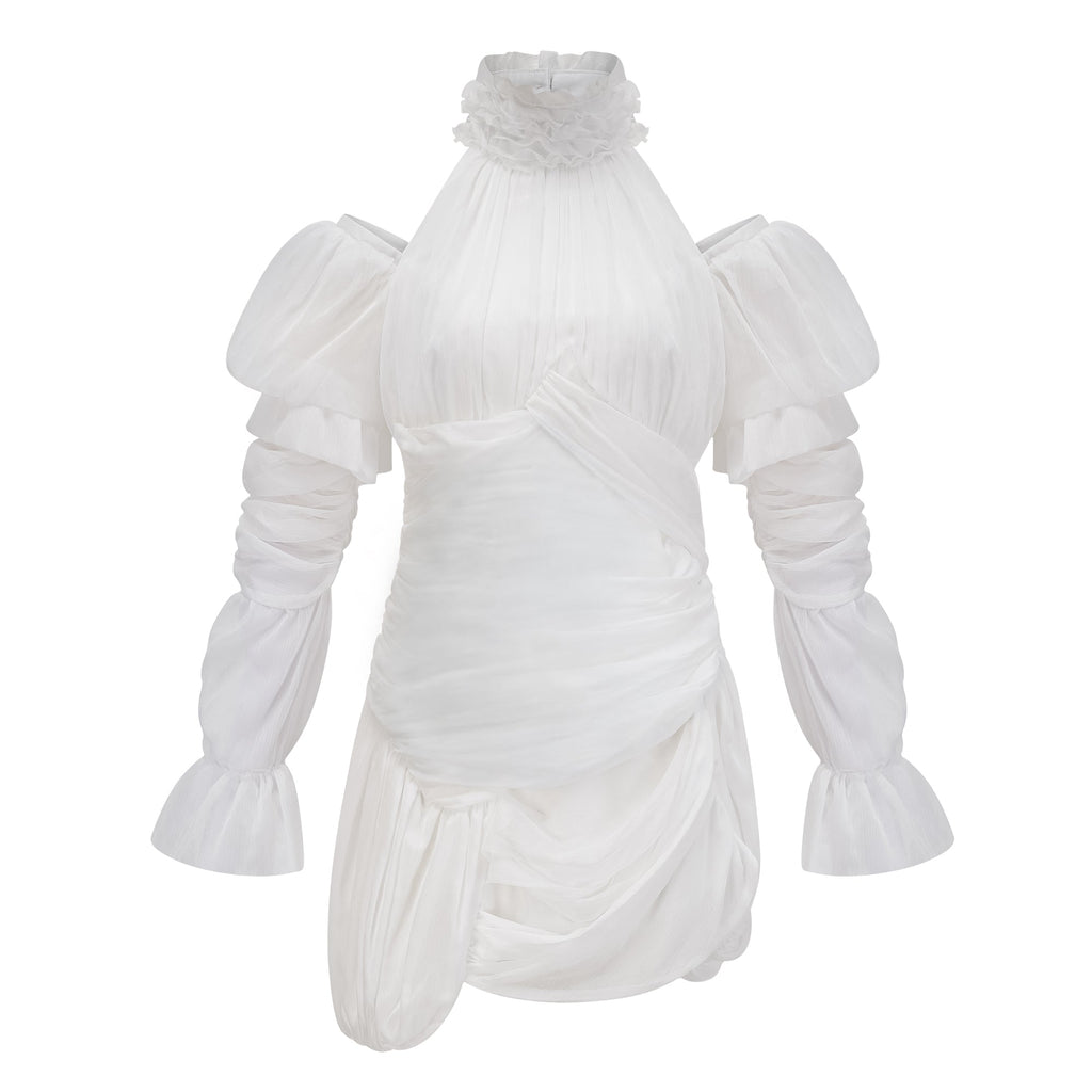 Vestido mini asimétrico blanco con fruncido de Déotille, estilo moderno y elegante, mostrado en una imagen en color blanco.