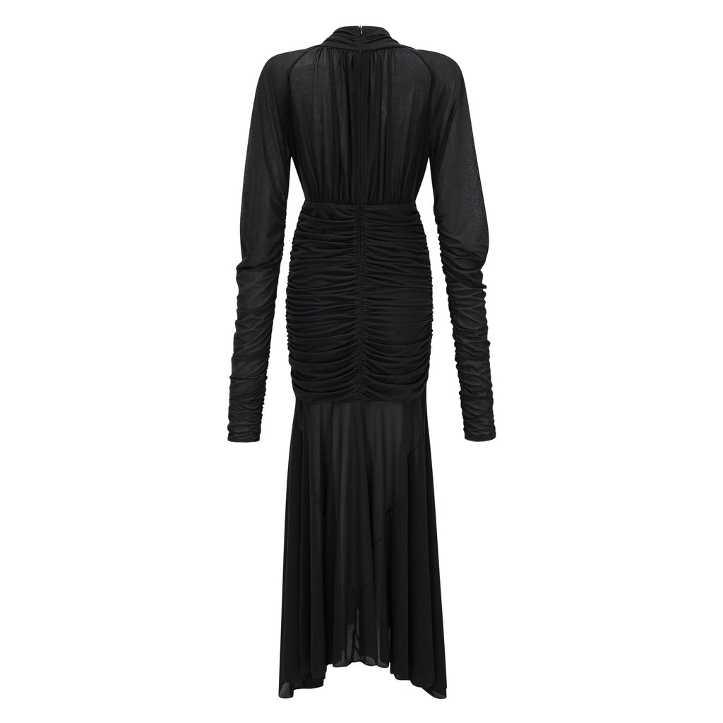 Vestido maxi negro con drapeado y malla transparente de la marca Bridal, con detalles ajustados y estilo elegante.