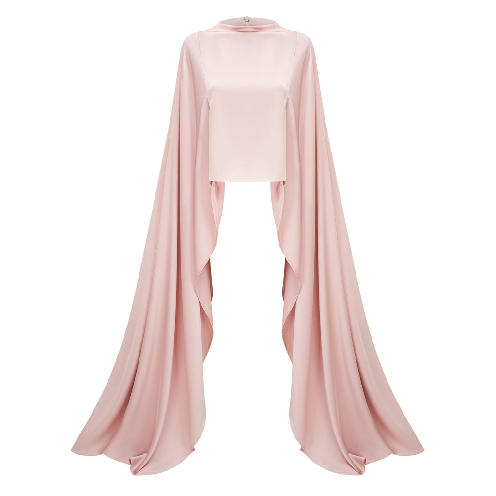 Everleigh Champagne Satin Top & Skirt Set With Cape Detail