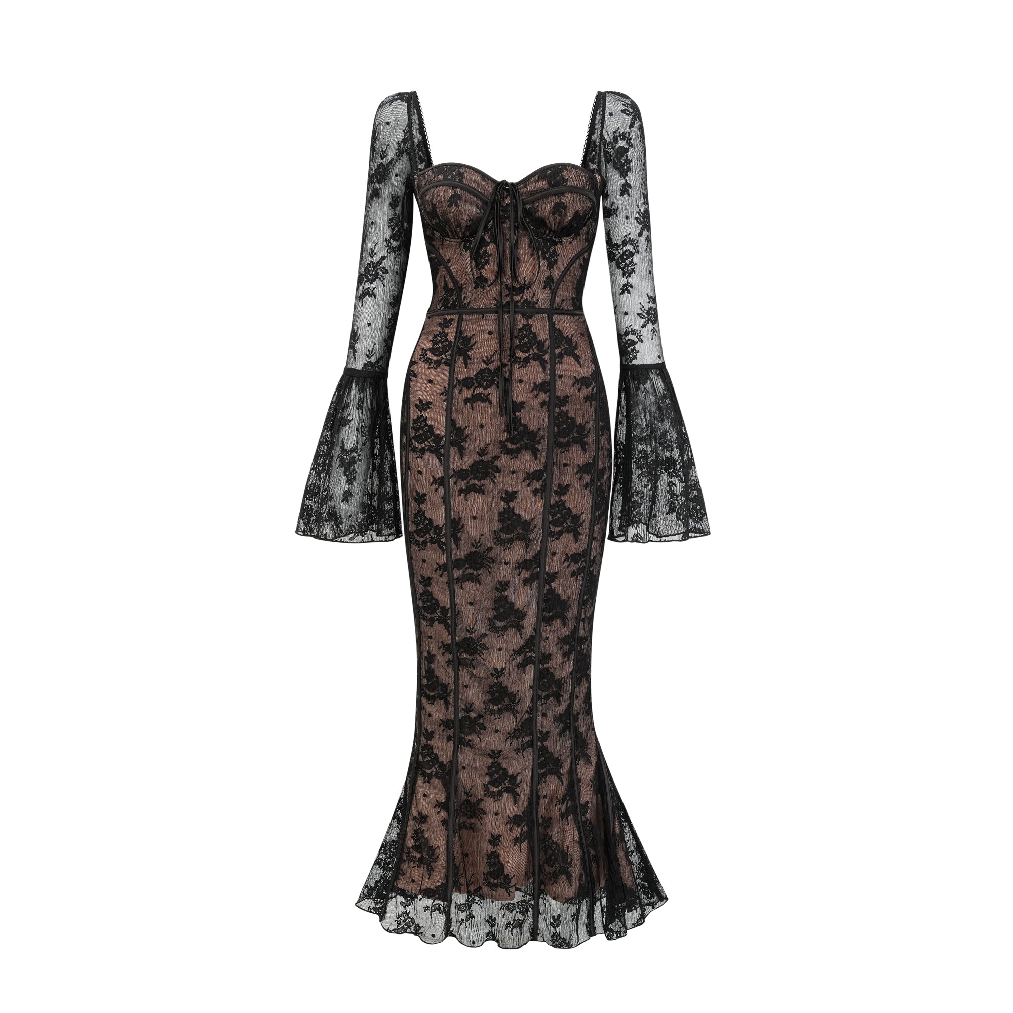 Vestido largo de encaje negro Marlene en estilo maxi, con vuelo y detalles elegantes, de la marca Final Sale.