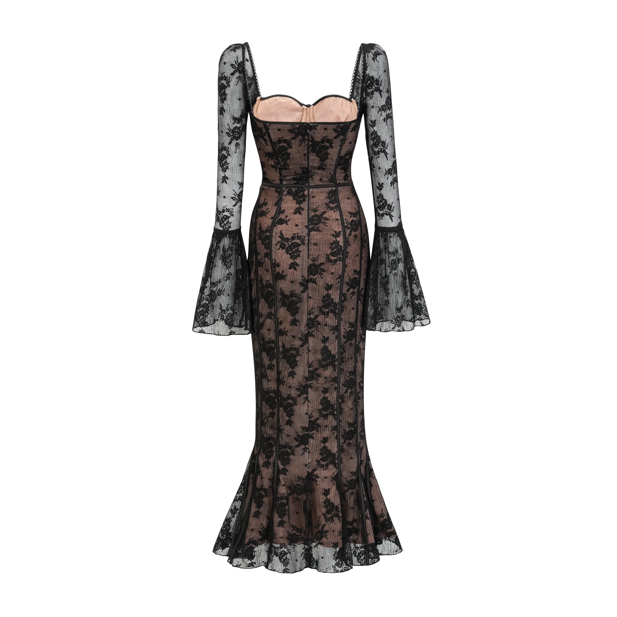 Vestido largo negro con ribete de encaje, vestido de gala de estilo flamenco de la marca Final Sale, con falda acampanada.