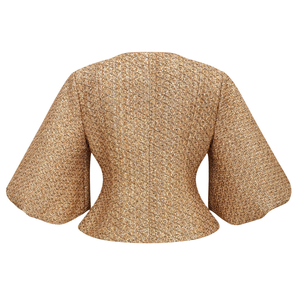 Chaqueta de tweed dorada con lentejuelas Clothilde de marca Final Sale, con detalles brillantes y textura elegante.