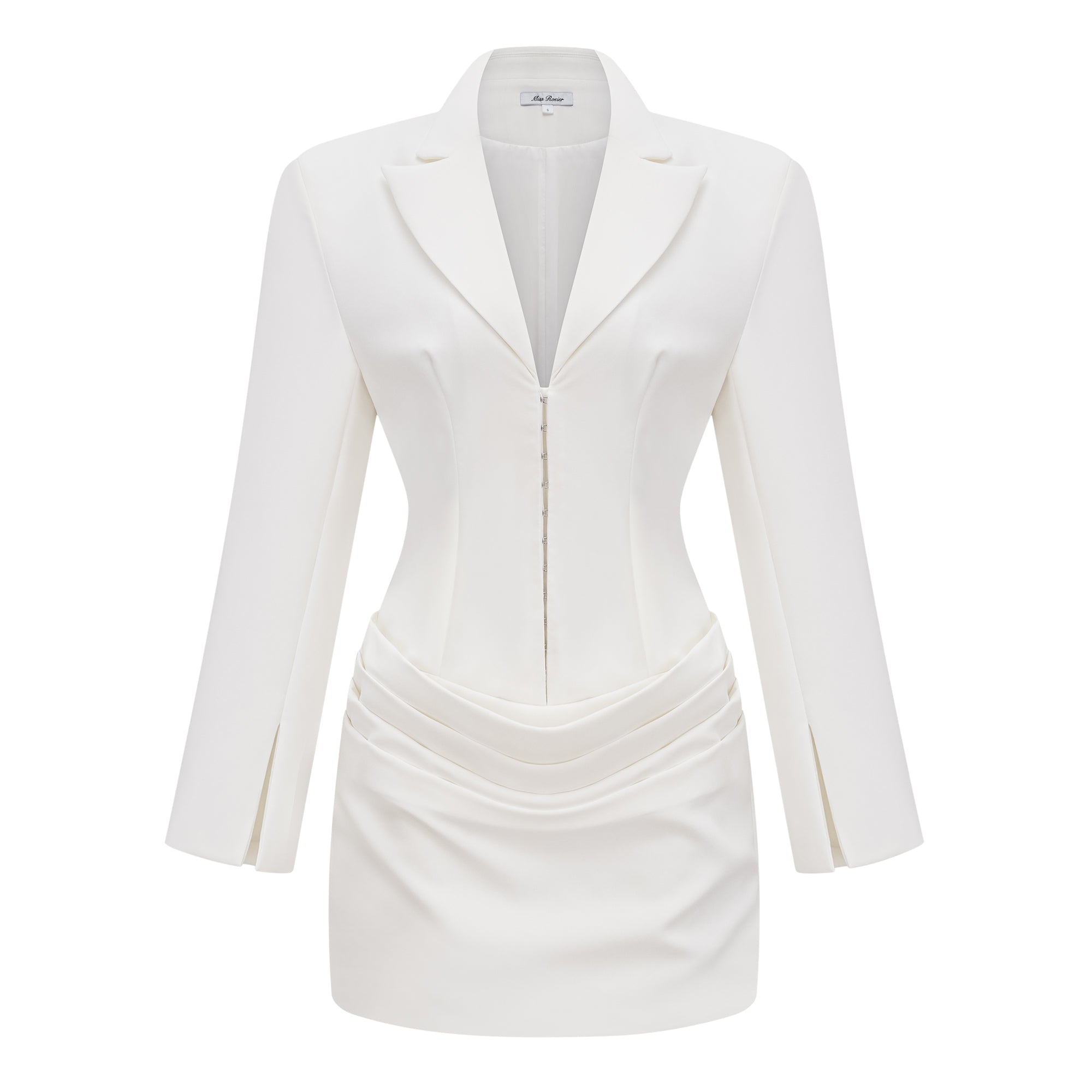 Vestido mini blazer blanco con fruncido y rosetas, de la marca Final Sale, mostrando su diseño elegante y ajustado.