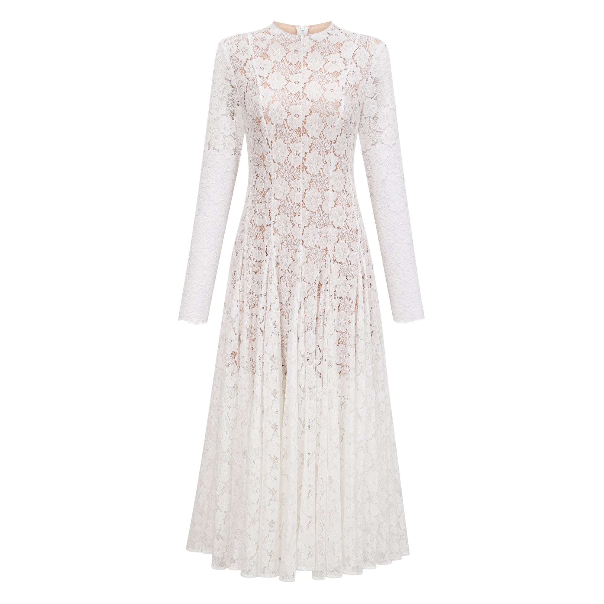 Vestido midi blanco con pliegues y encaje floral de la marca Final Sale, mostrando detalles de la falda y el diseño elegante.