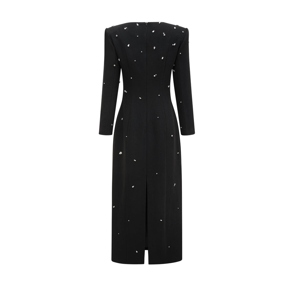 Vestido largo negro Imelda de Final Sale con cristales brillantes y diseño elegante, mostrado en la imagen.