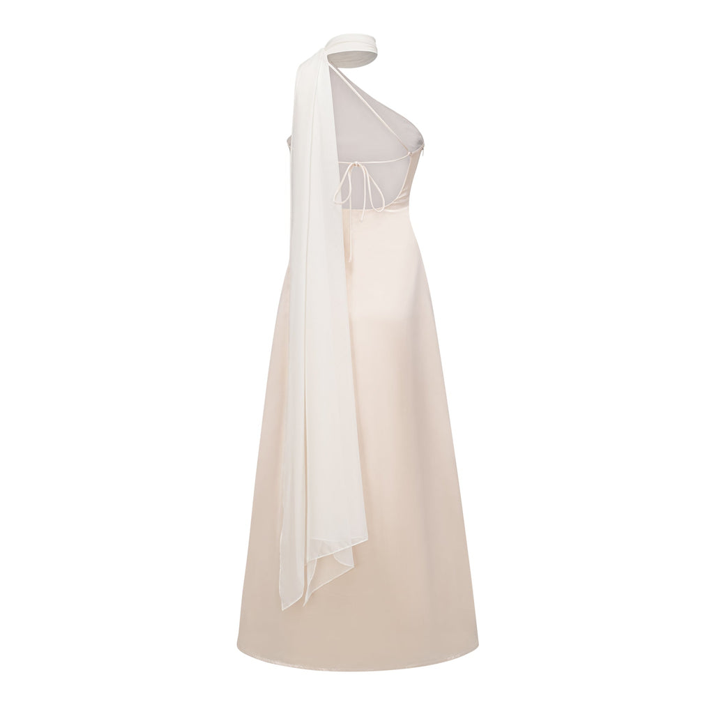 Vestido maxi de satén con diseño neutro Thérèse, de la marca Final Sale, con estilo elegante y acabado liso.