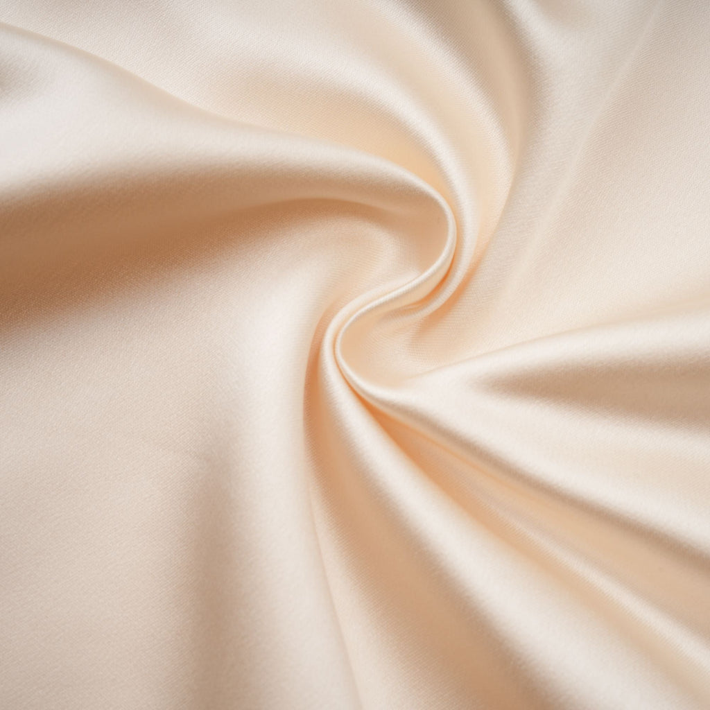Vestido largo de satén beige Thérèse con diseño neutral, estilo maxi, en una mujer que lo lleva puesto.