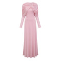 Vestido maxi rosa moderno de Final Sale con panel drapeado y detalles ruched, estilo elegante para ocasiones especiales.