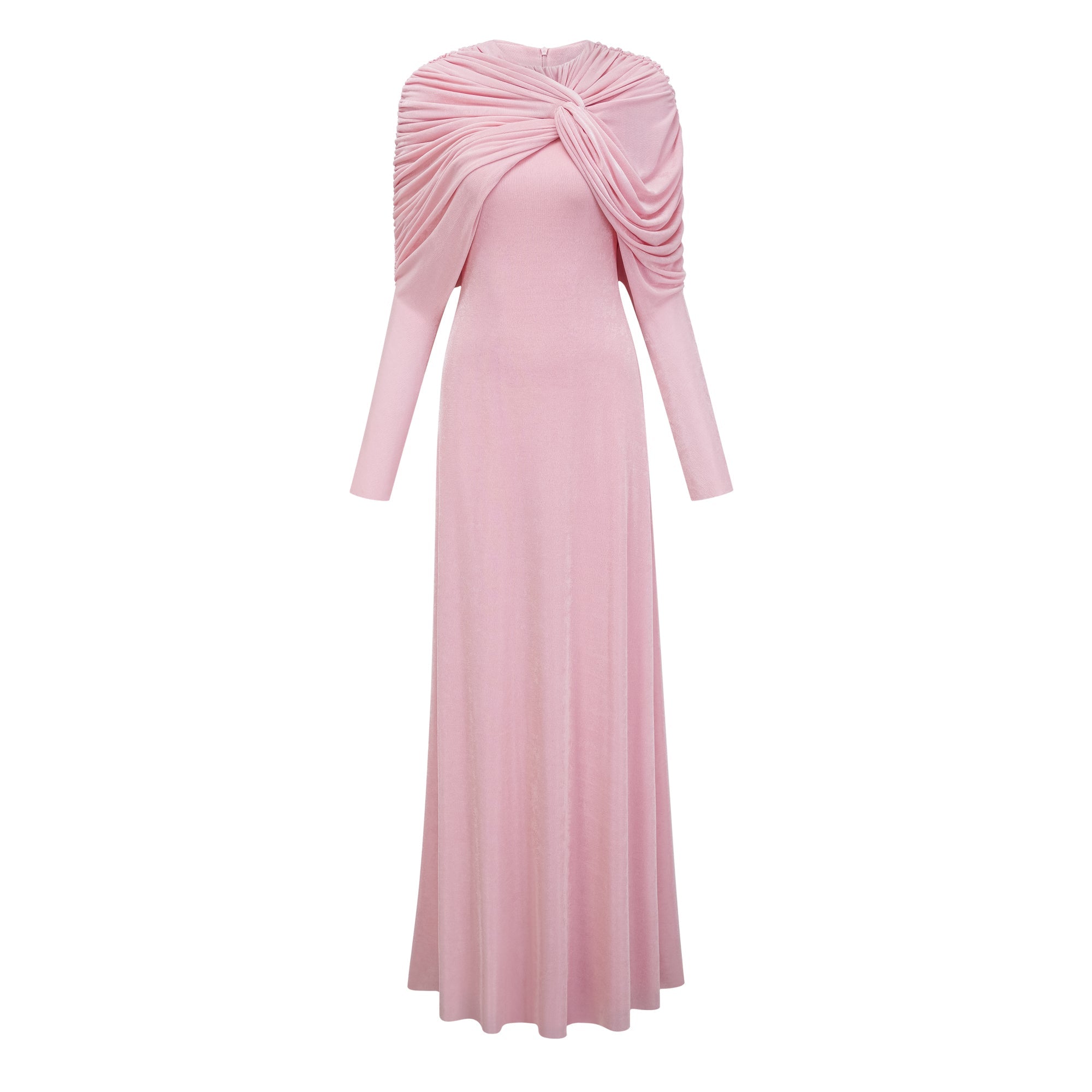 Vestido maxi rosa moderno de Final Sale con panel drapeado y detalles ruched, estilo elegante para ocasiones especiales.