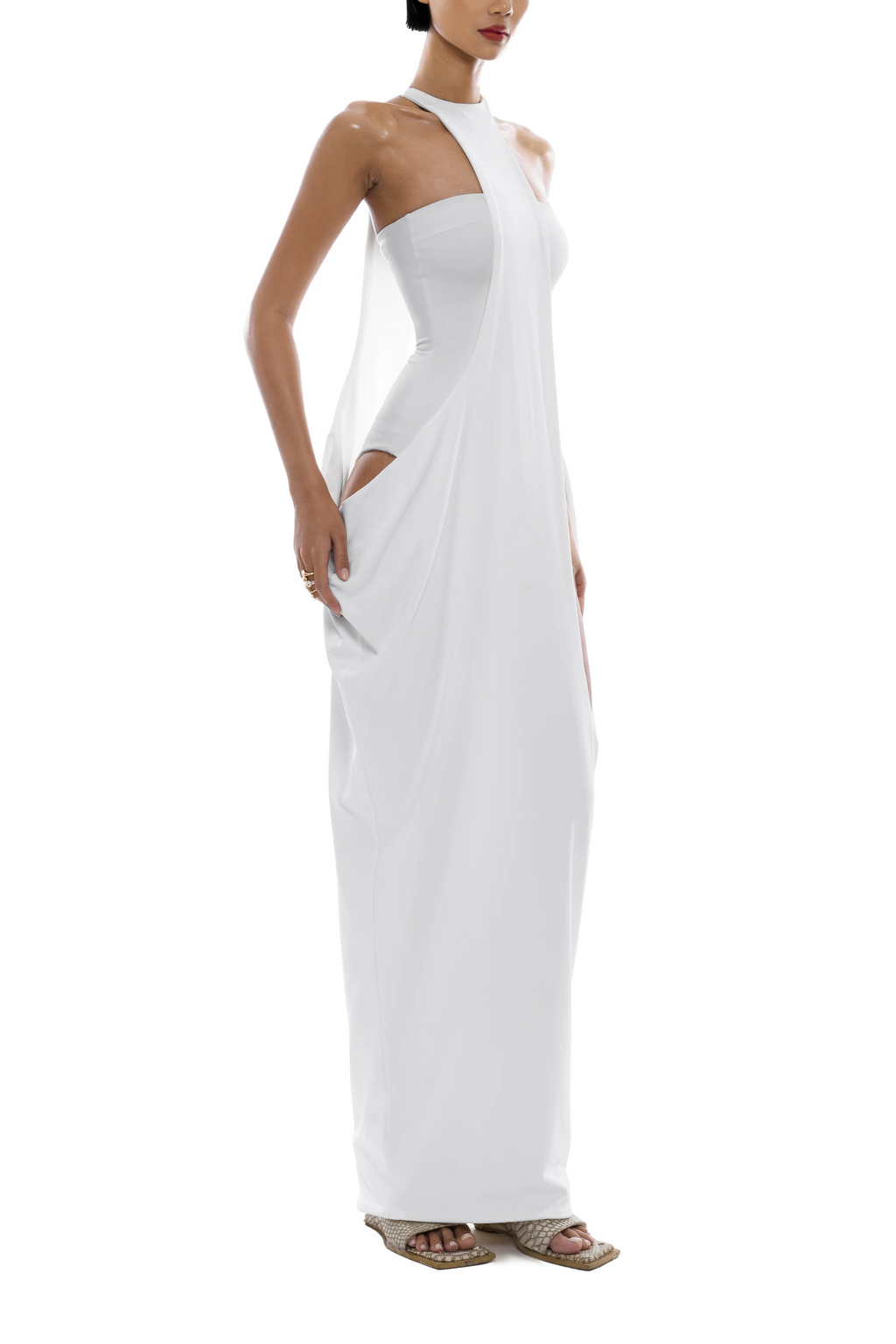 Elowen White Halter Neck Draped Maxi Dress