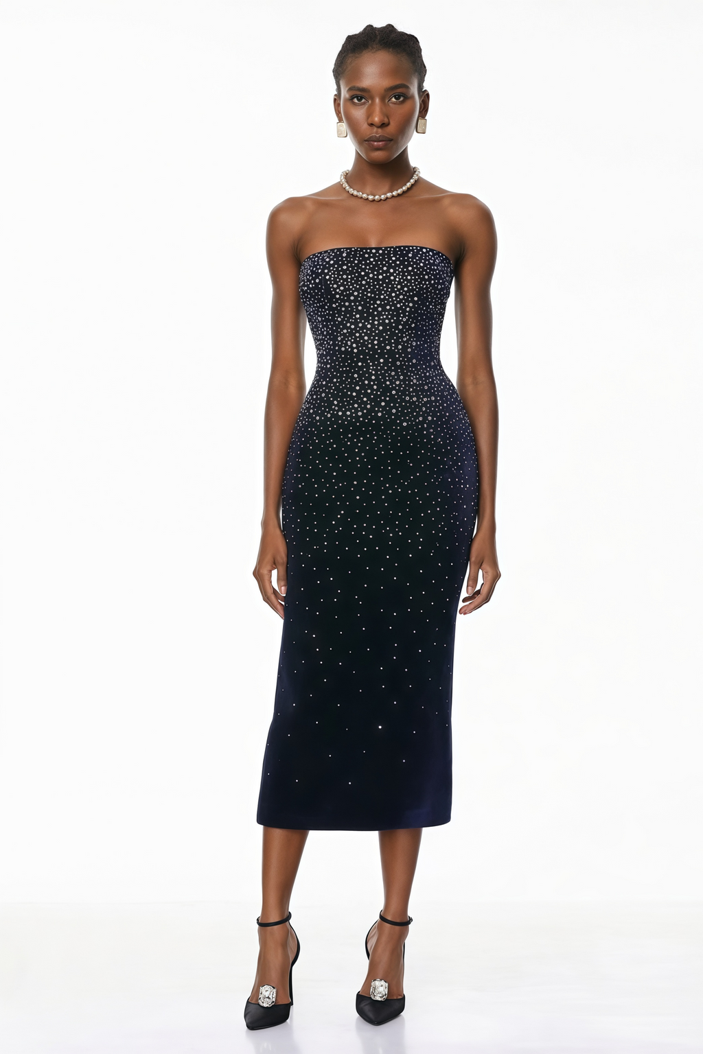 Vestido midi negro Daisy de MRTokyo con pedrería de fantasía y diseño elegante para ocasiones especiales.
