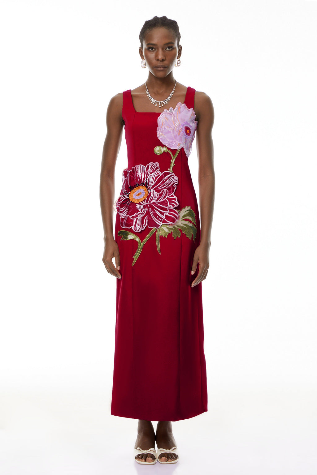 Damaris Red Floral Embroidered Maxi Dress