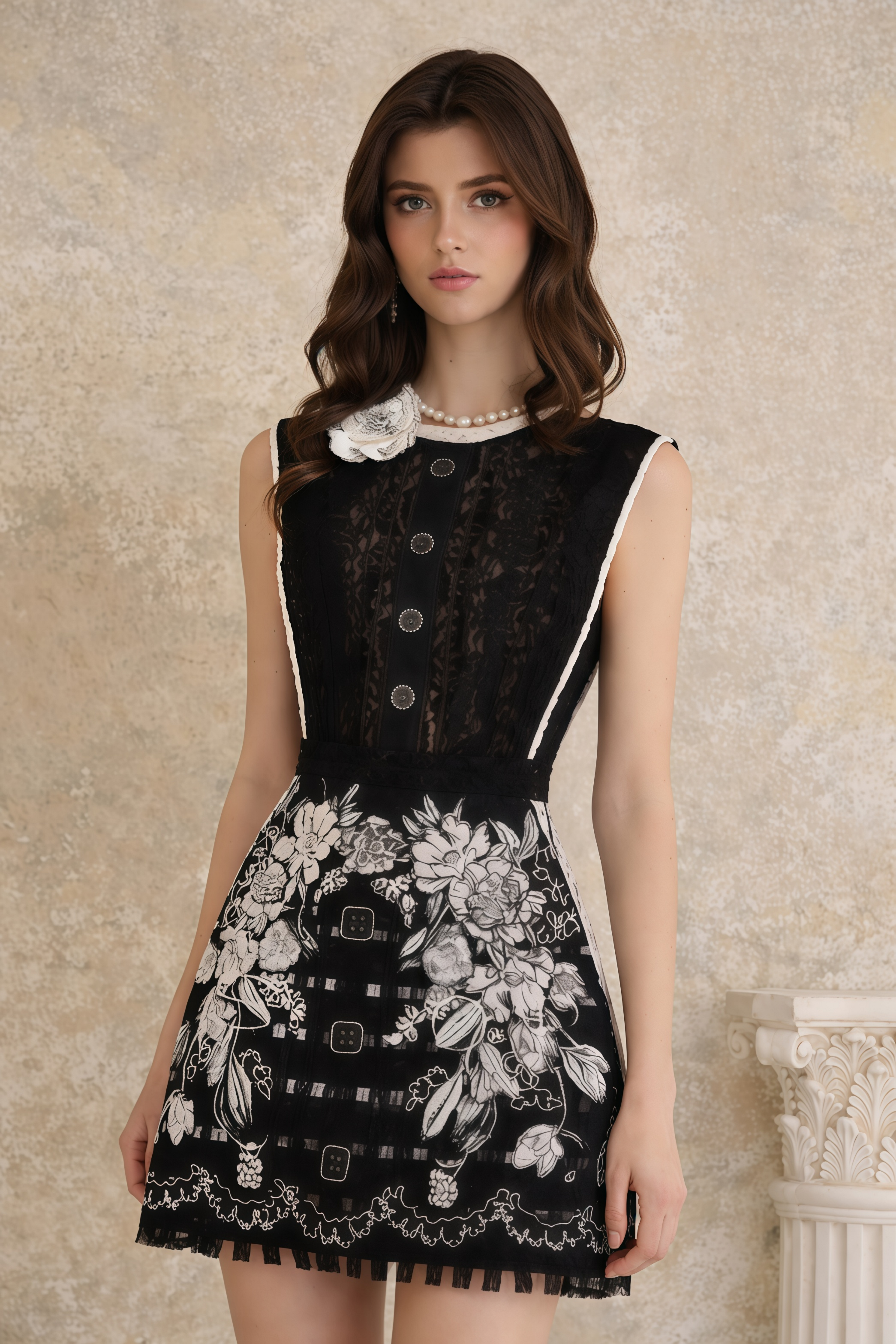 Vestido negro mini Daphné con bordado floral de MRNewyork, muestra el diseño elegante y detallado en la imagen.