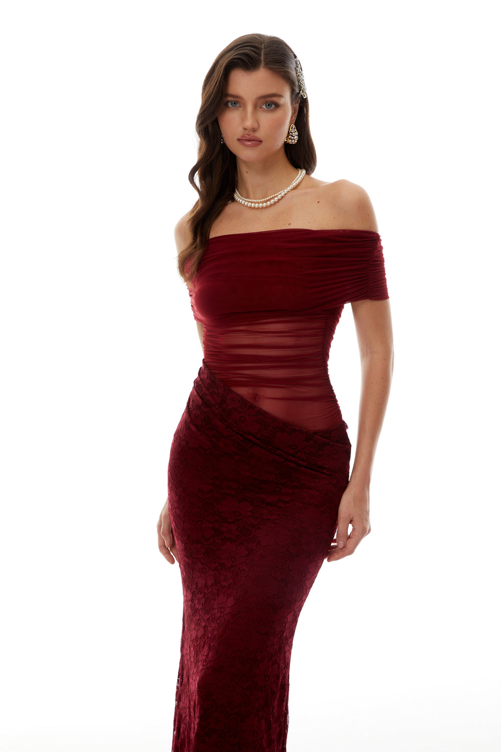 Dianthe Red Lace Panel Mesh Midi Dress