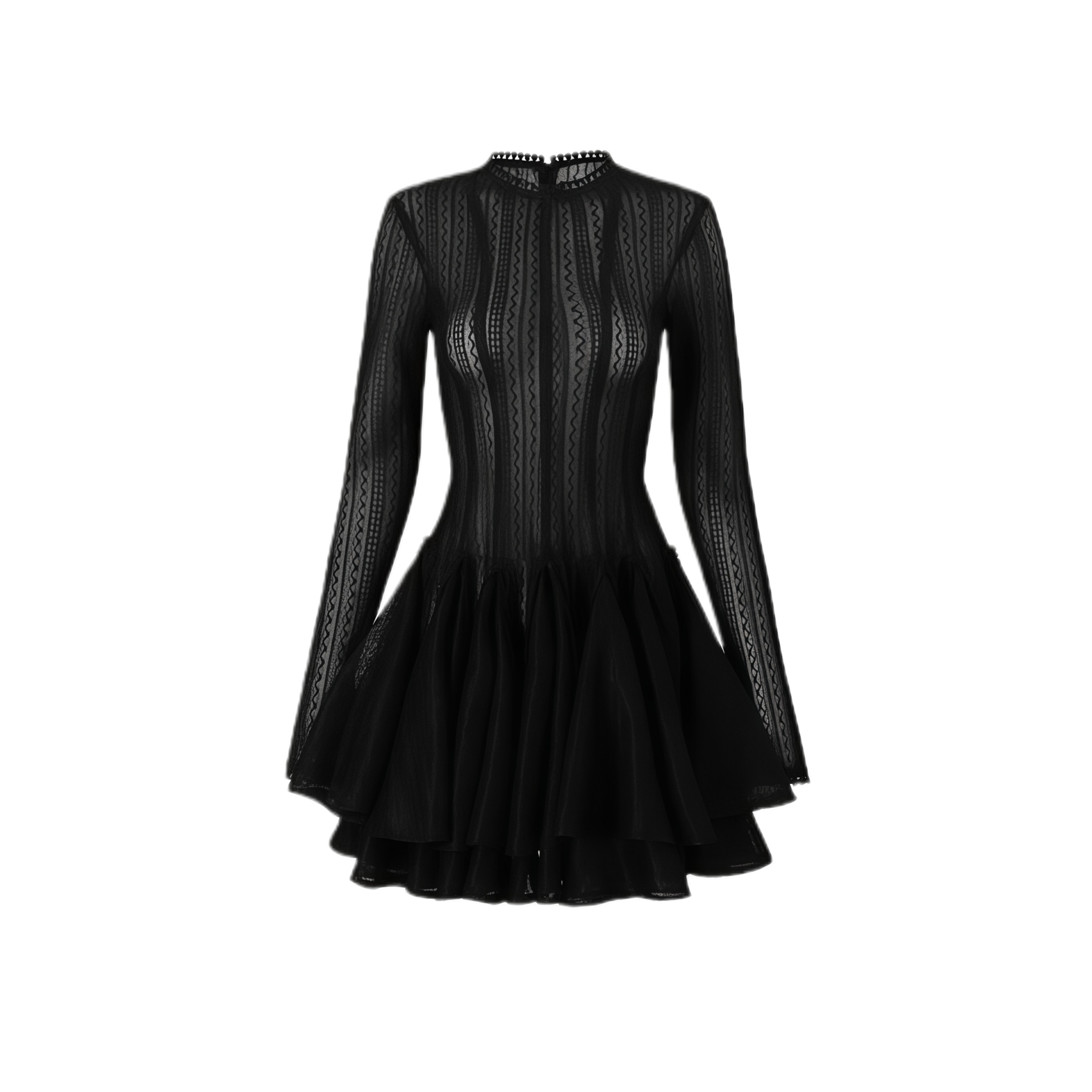 Vestido mini negro con diseño en capas y volumen, estilo puff, de la marca MRNewyork, mostrando su acabado elegante y moderno.