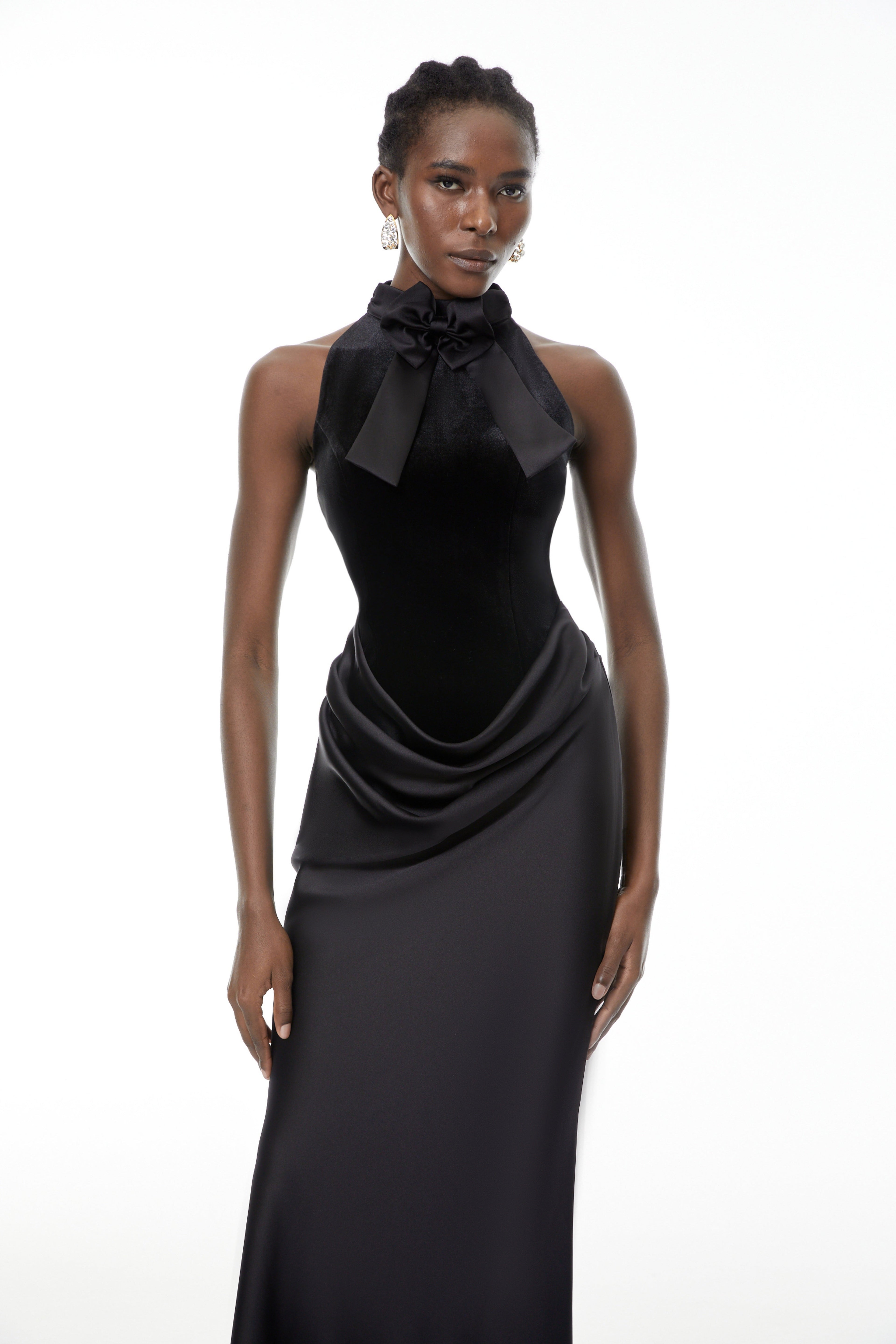 Ecaterina Black Bow Detail Corset Maxi Dress
