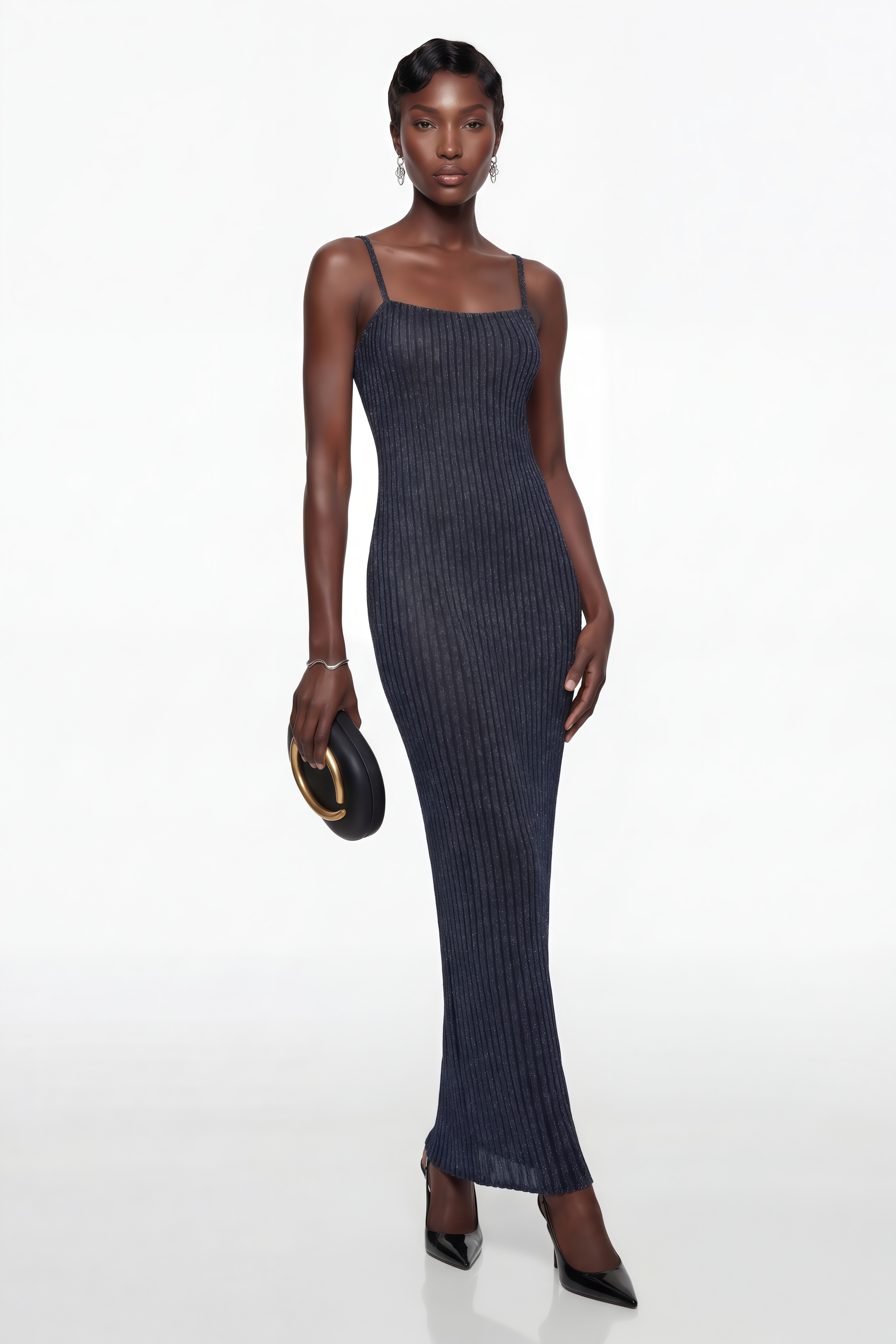 Vestido largo maxi de punto metálico azul oscuro de MRMelbourne, con un diseño elegante y ajustado.