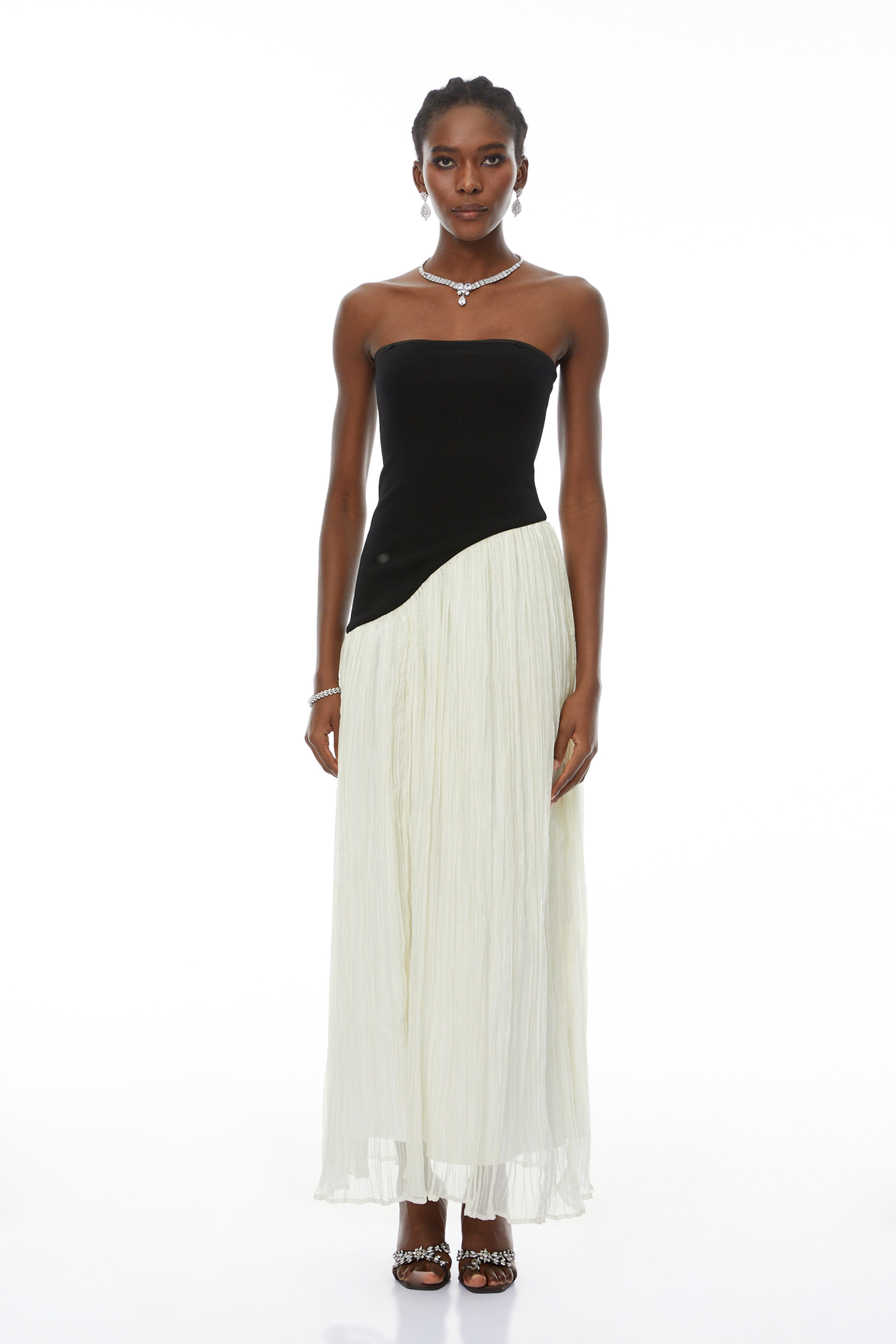 Eléonore Contrast-Color Tulle Panel Maxi Dress