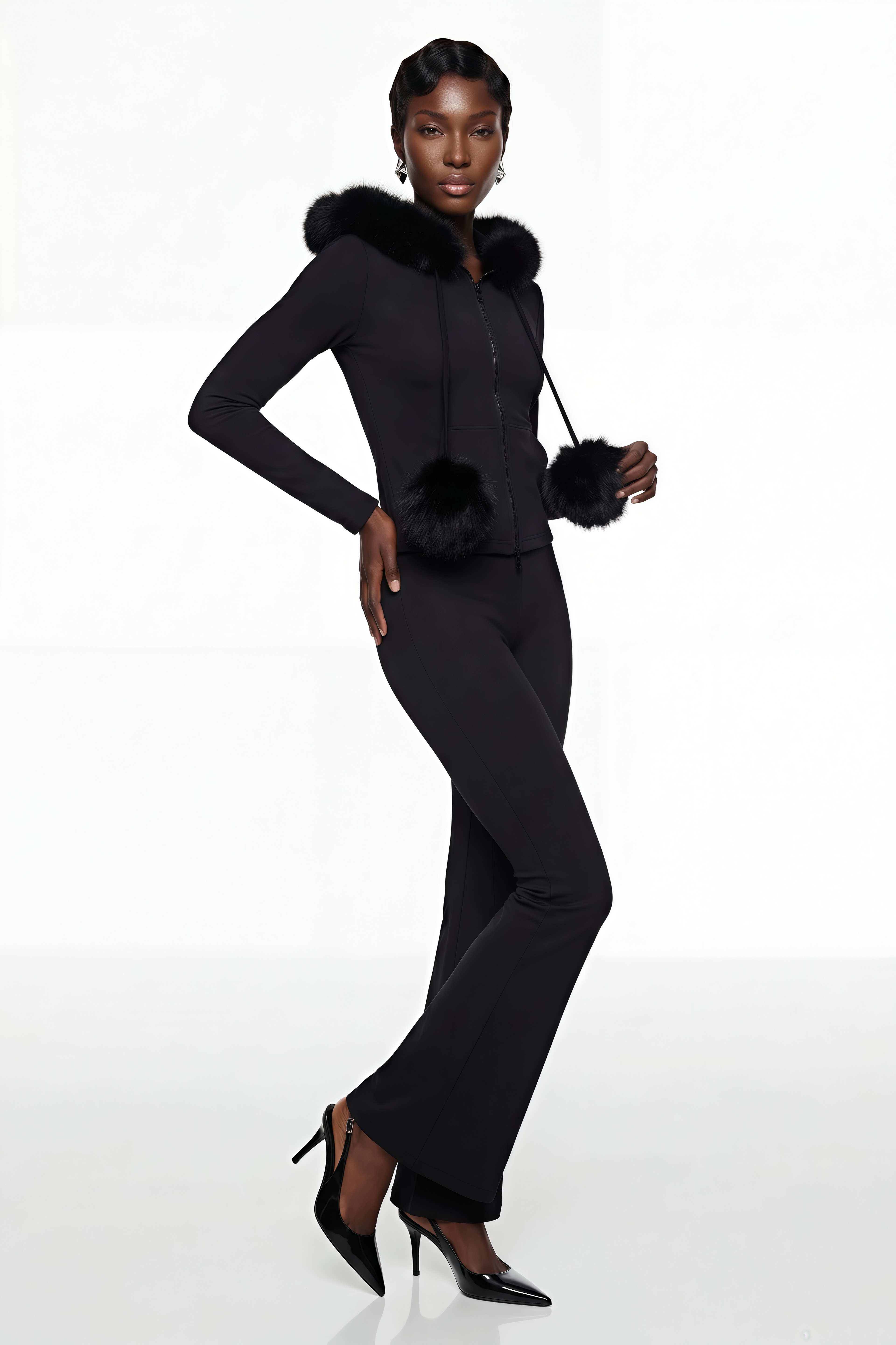 Conjunto de sudadera con capucha negra y pantalones acampanados de MRTokyo, vista del conjunto completo en la imagen.