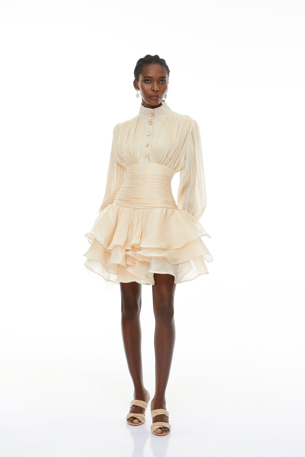 Emersyn Neutrals High-Neck Ruffled Detail Mini Dress