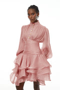 Emersyn Pink High-Neck Ruffled Detail Mini Dress