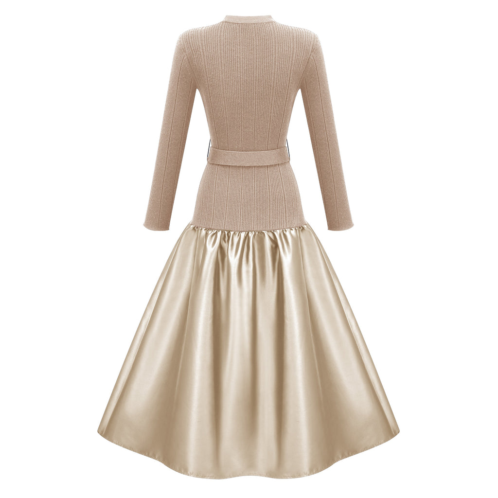 Vestido midi de punto con panel de satén en color dorado Fern, de la marca Final Sale, mostrado en la imagen.