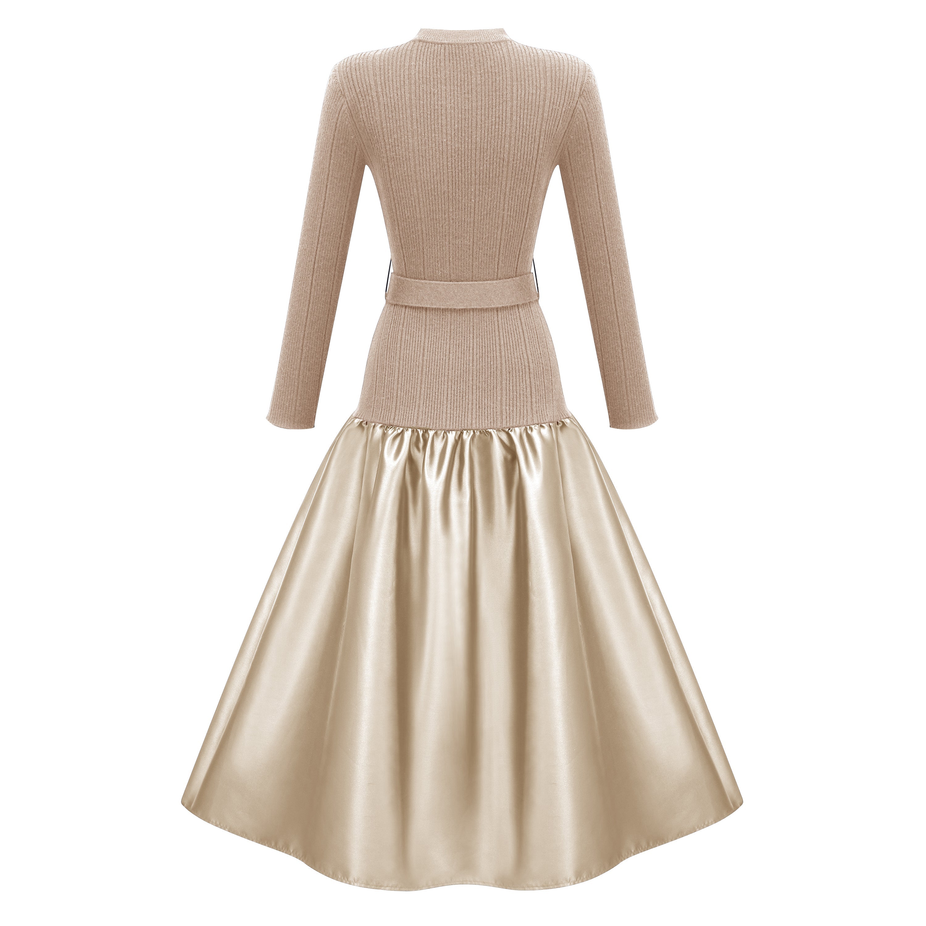 Vestido midi de punto con panel de satén en color dorado Fern, de la marca Final Sale, mostrado en la imagen.