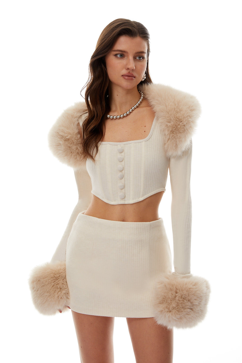 Fiorella Neutrals Fur Trim Knit Top & Skirt Set