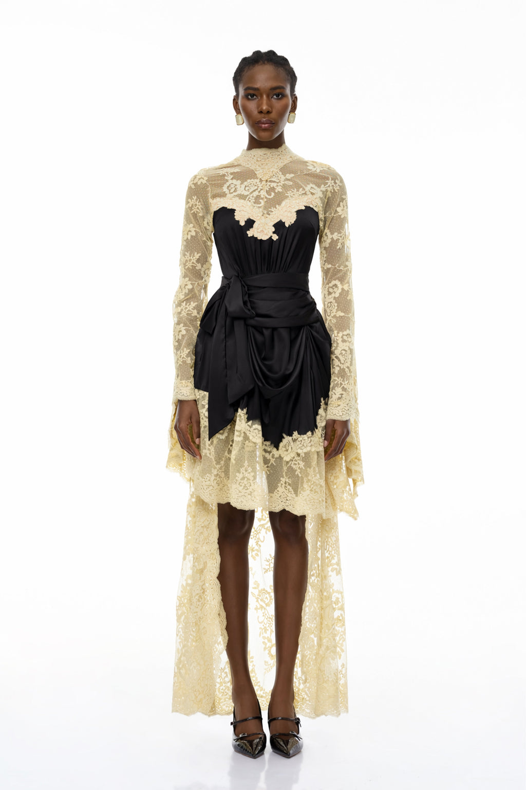 Francesca Black Self-tie Lace Midi Dress