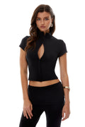 Gabrielle Black Zip-Front Cut-Out Top & Flared Pants Set
