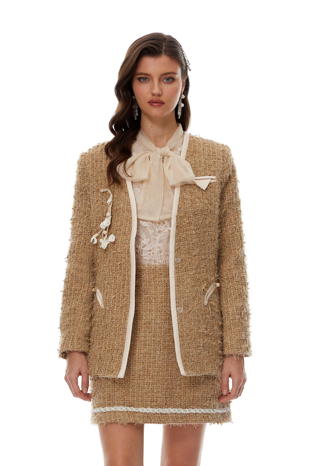 Ghita Gold Tweed Jacket & Sef-Tie Shirt & Skirt Set