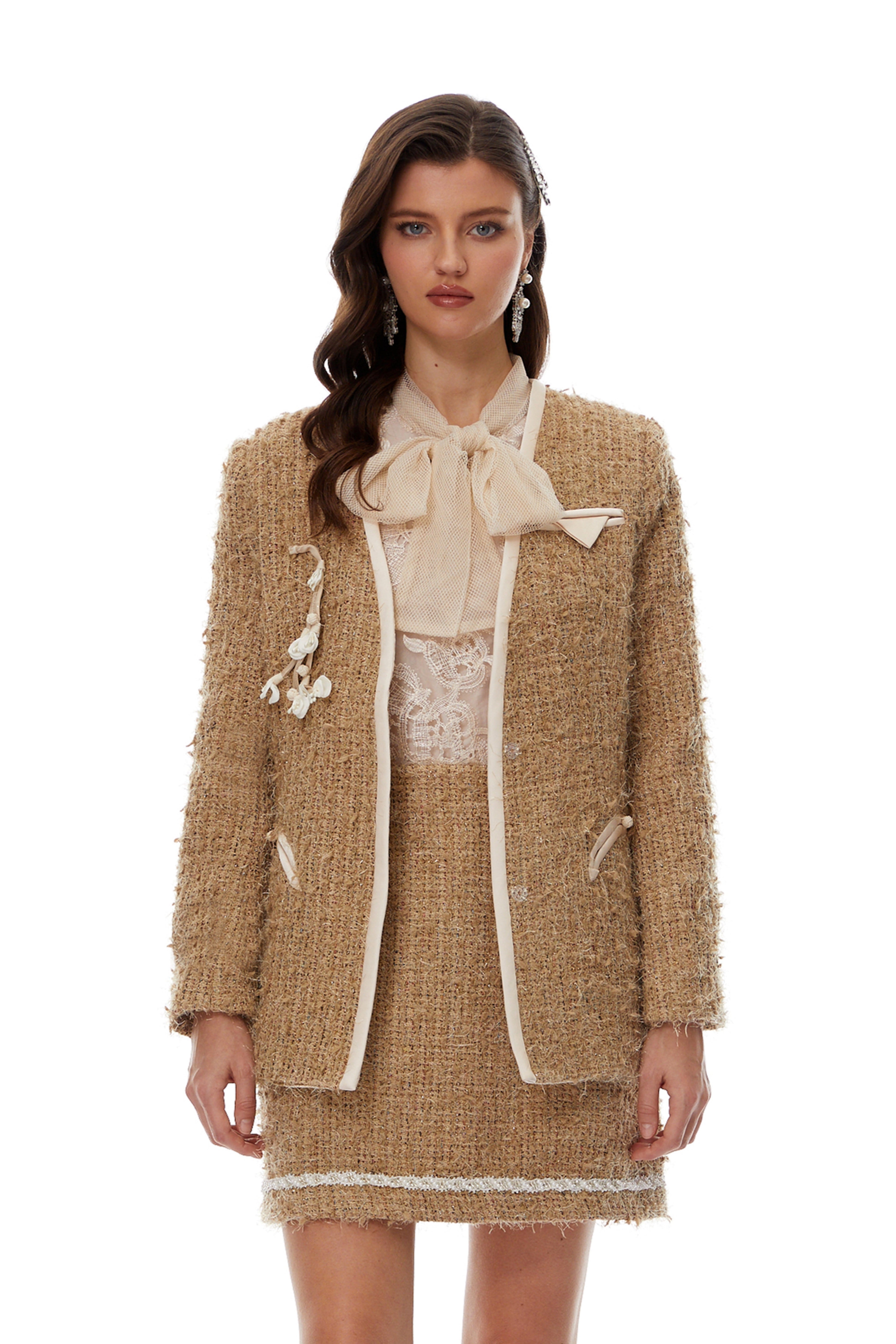 Ghita Gold Tweed Jacket & Sef-Tie Shirt & Skirt Set
