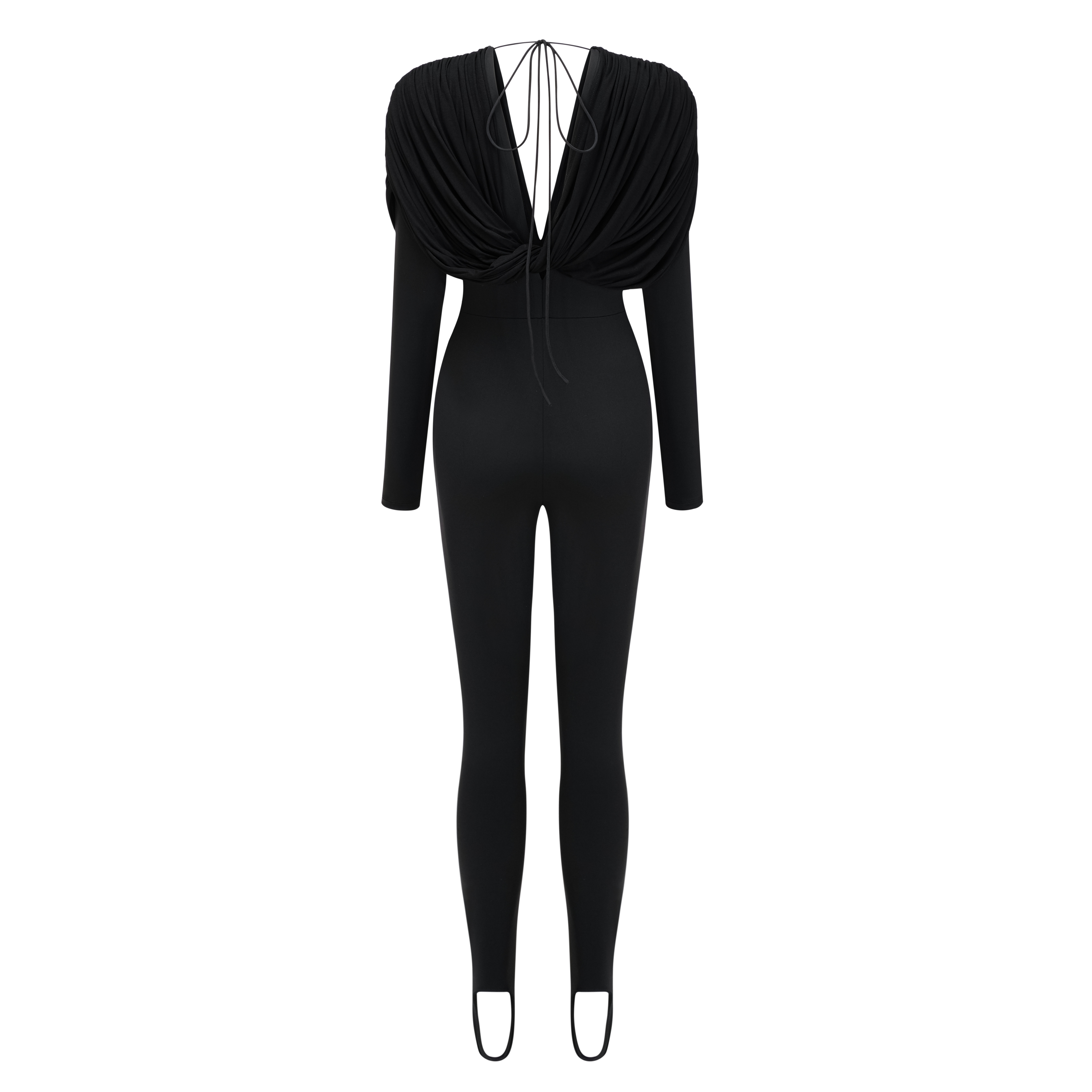 Mono negro de escote en V profundo y drapeado de la marca Bridal, con diseño elegante y ajustado.