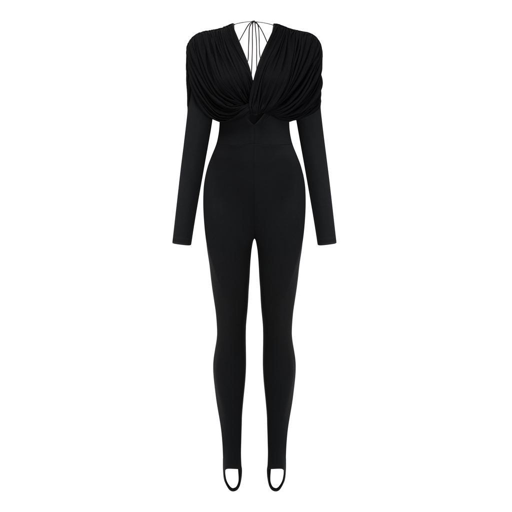 Mono negro Gianina de Bridal con escote en V profundo y diseño drapeado, elegante y moderno para ocasiones especiales.