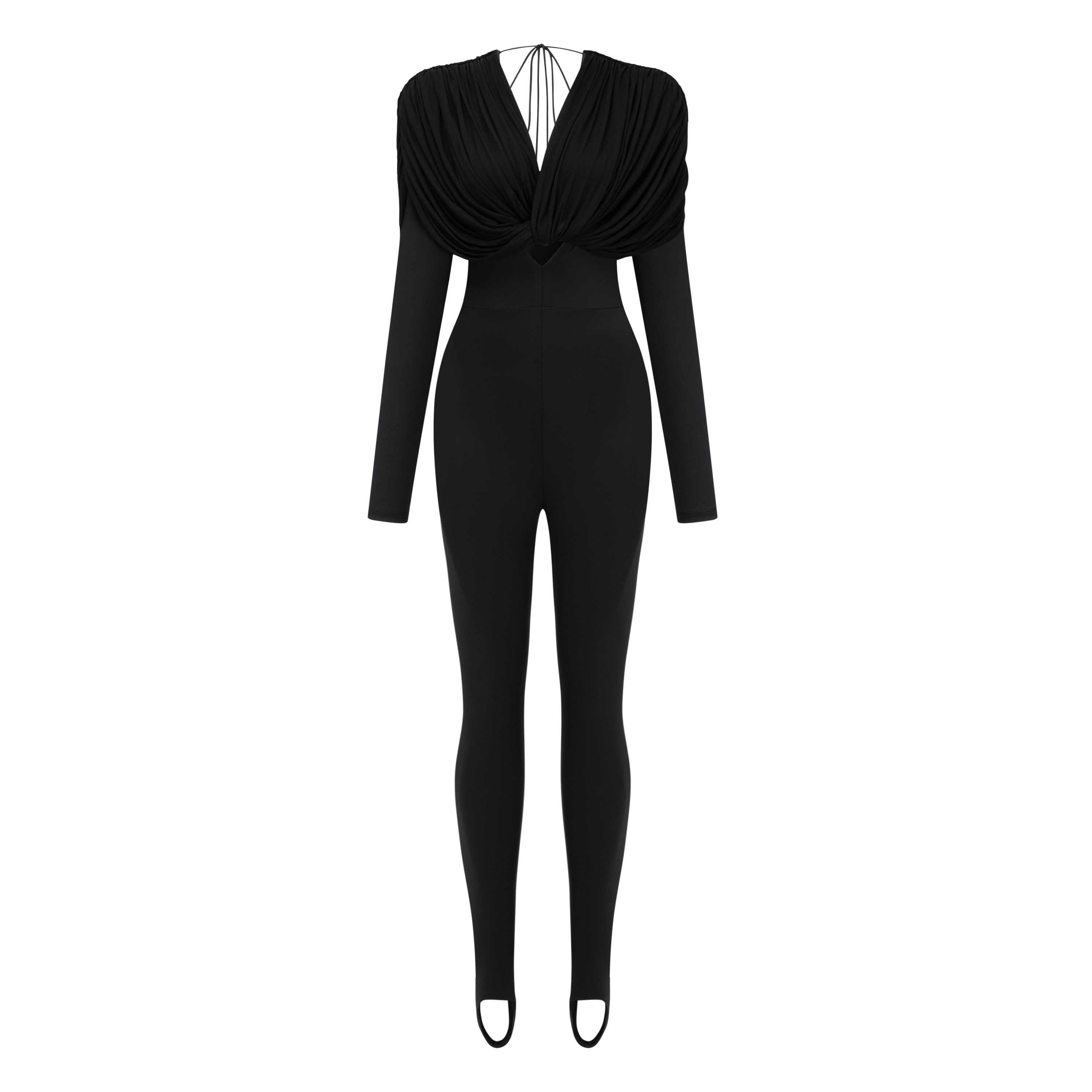 Mono negro Gianina de Bridal con escote en V profundo y diseño drapeado, elegante y moderno para ocasiones especiales.