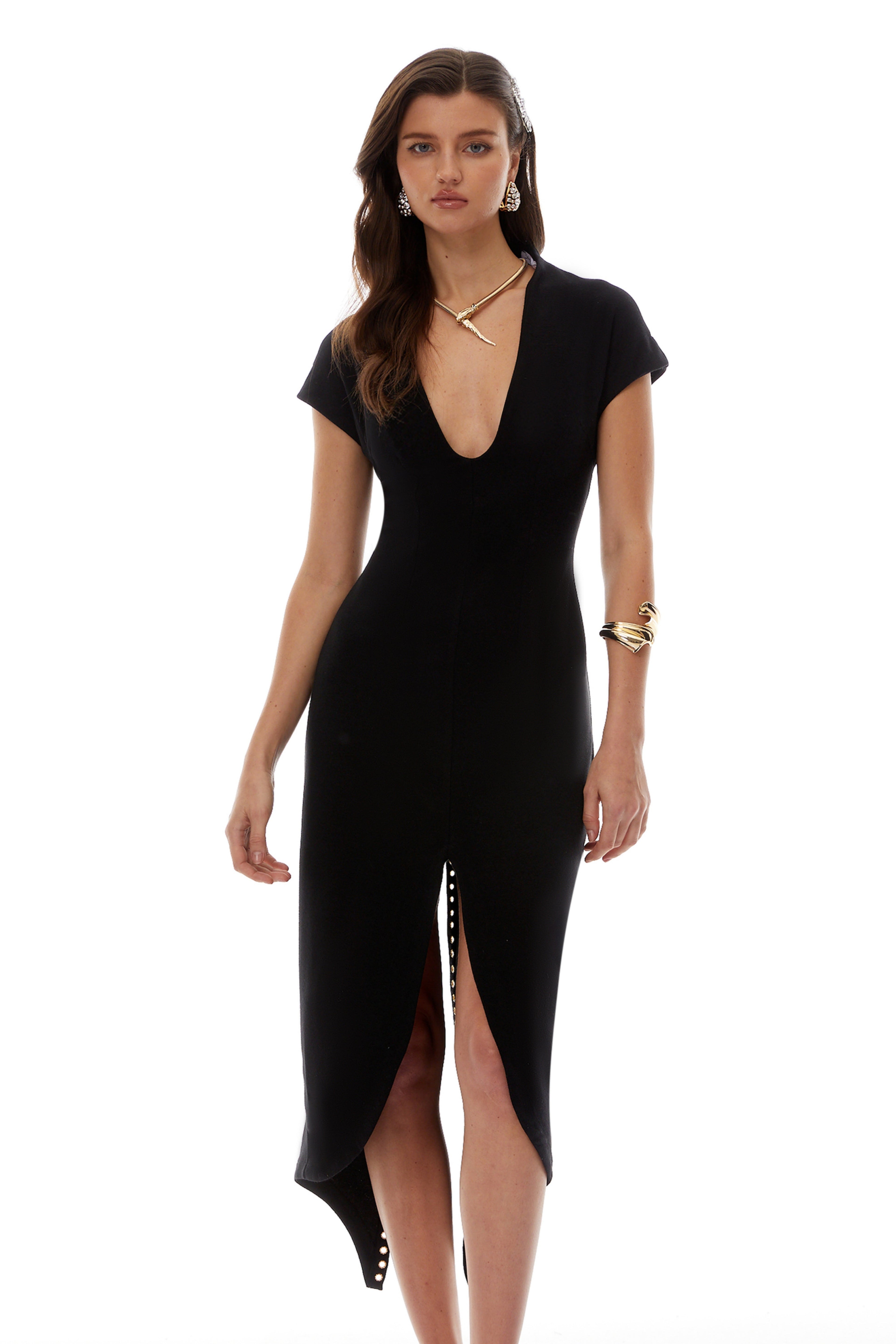 Gisela Black Deep V-Neck Self-Tie Midi Dress