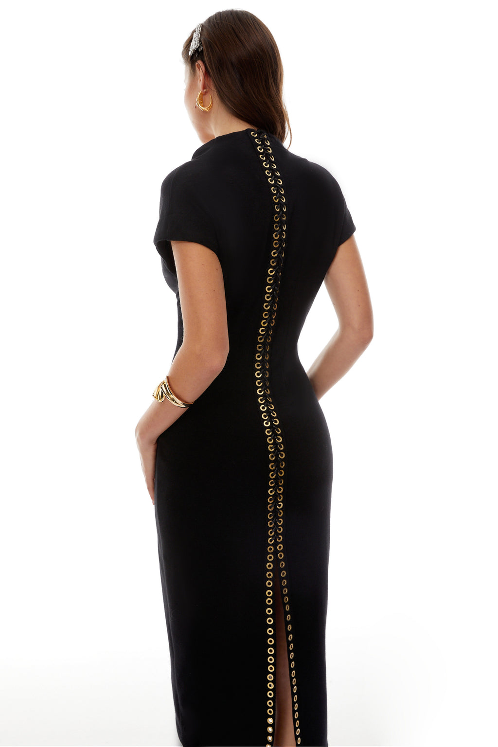 Gisela Black Deep V-Neck Self-Tie Midi Dress