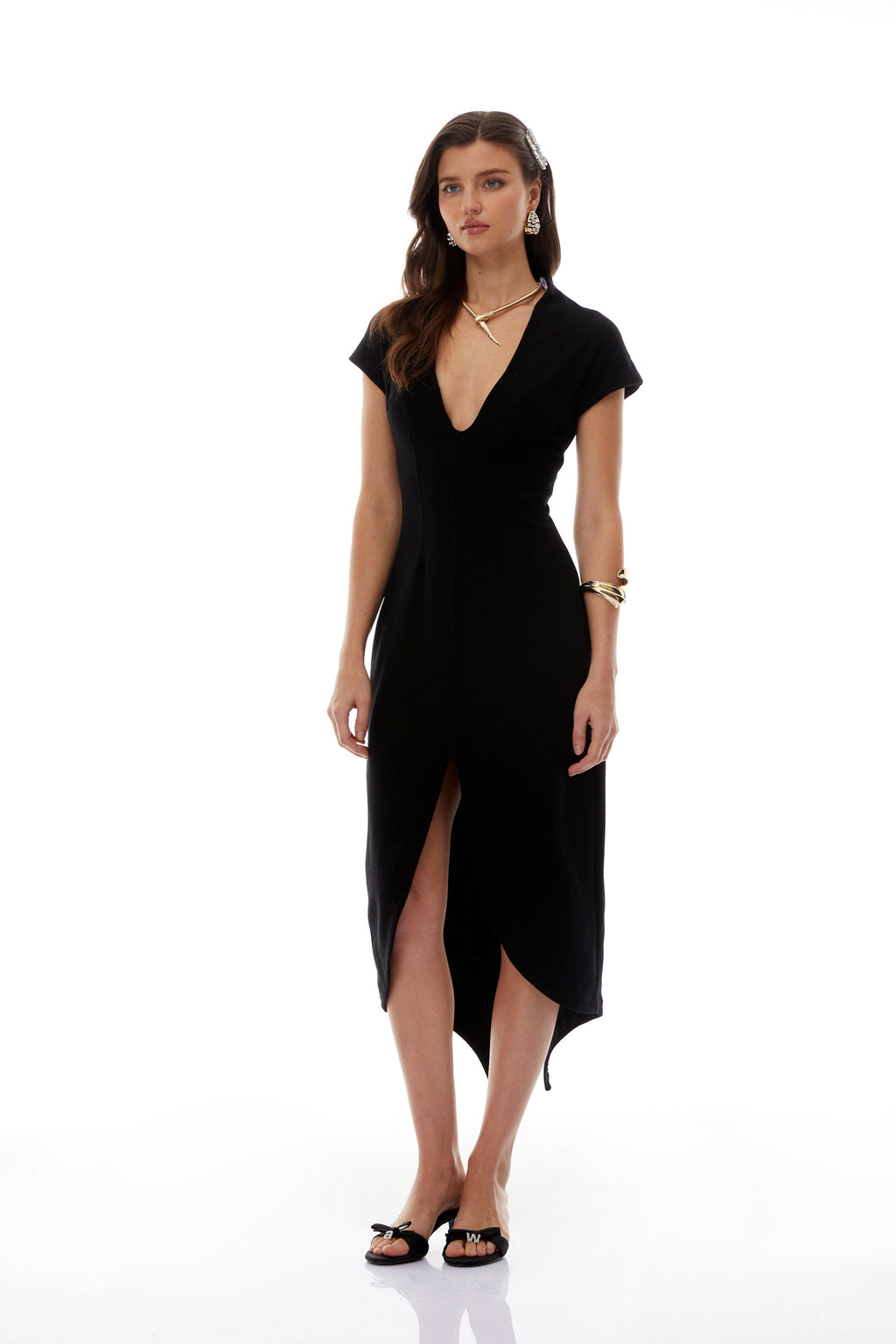 Gisela Black Deep V-Neck Self-Tie Midi Dress